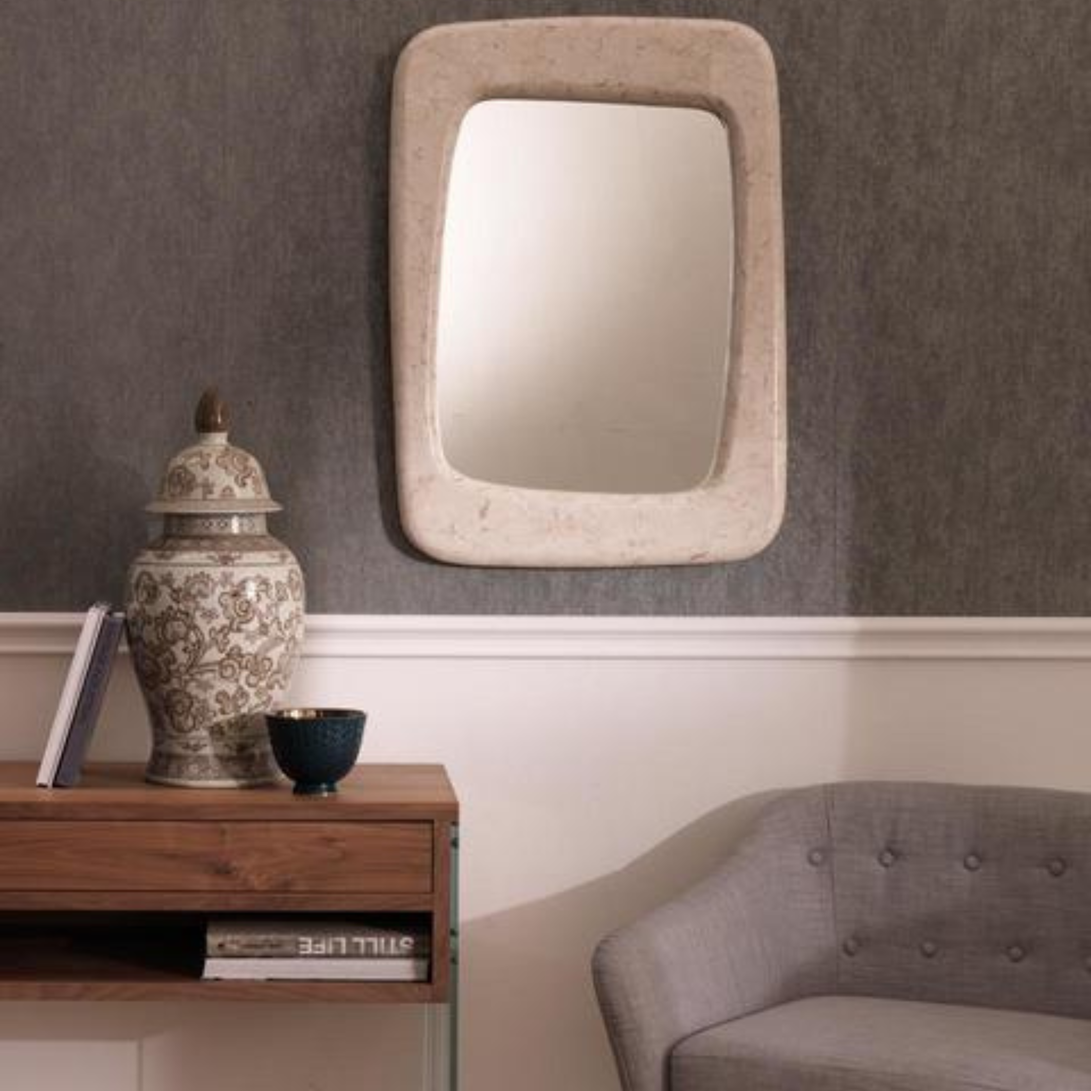 Specchio da parete "Oled" cornice in pietra fossile cm 65x3,5 90h