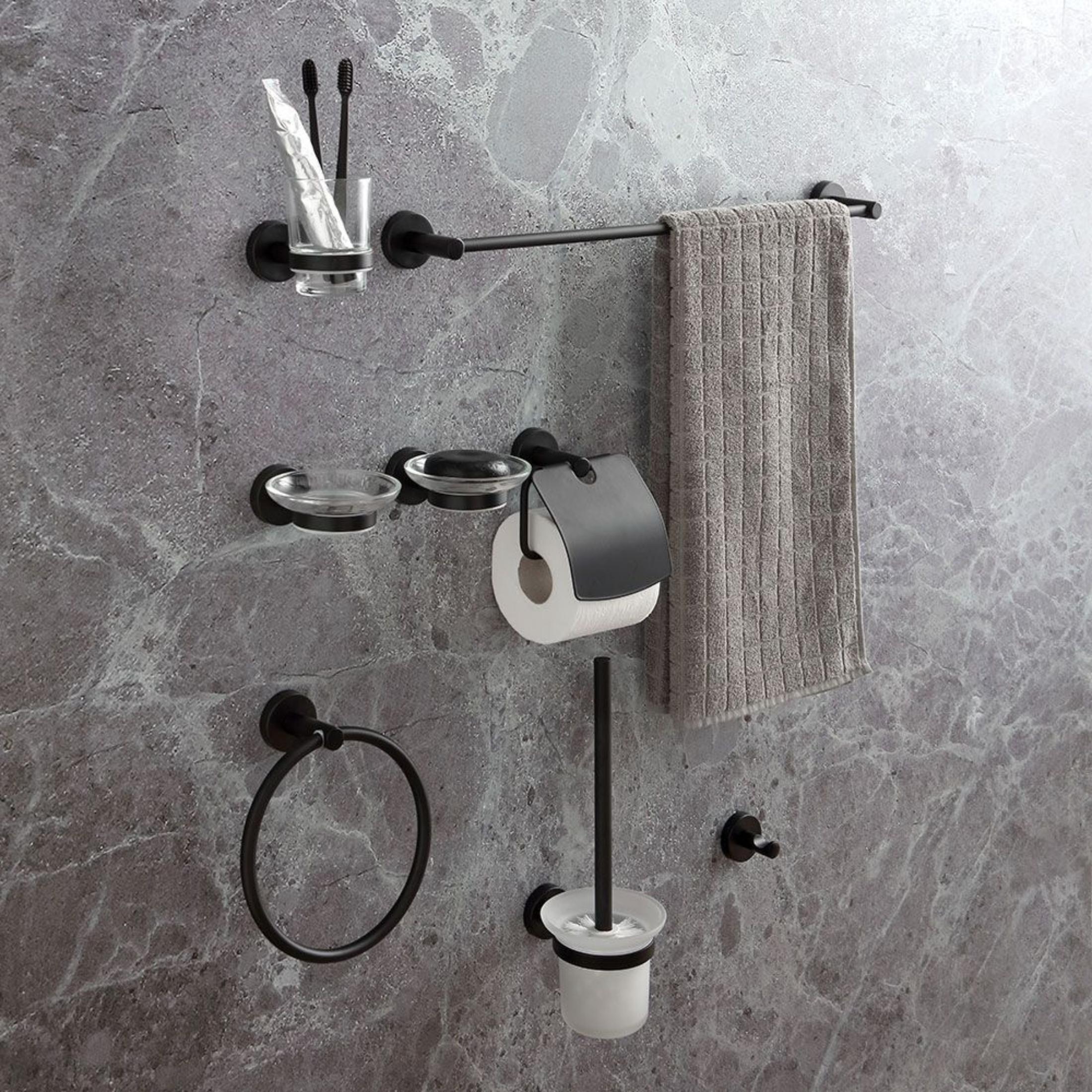 "Jonas" 8-piece wall-mounted bathroom accessory set in matte black metal.
