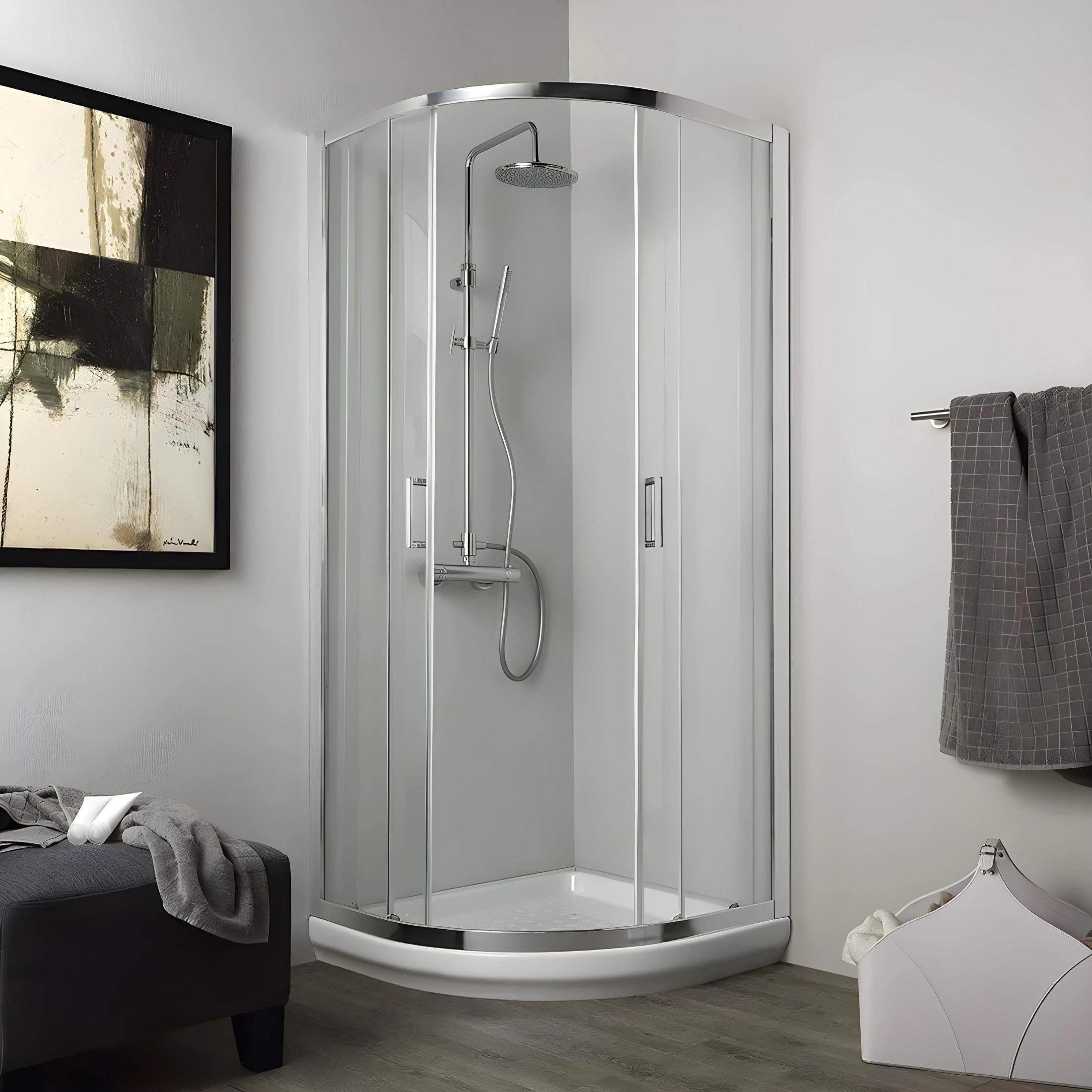 "Lima" semicircular rounded shower enclosure in transparent tempered glass, 80x80 cm, 185 cm high.