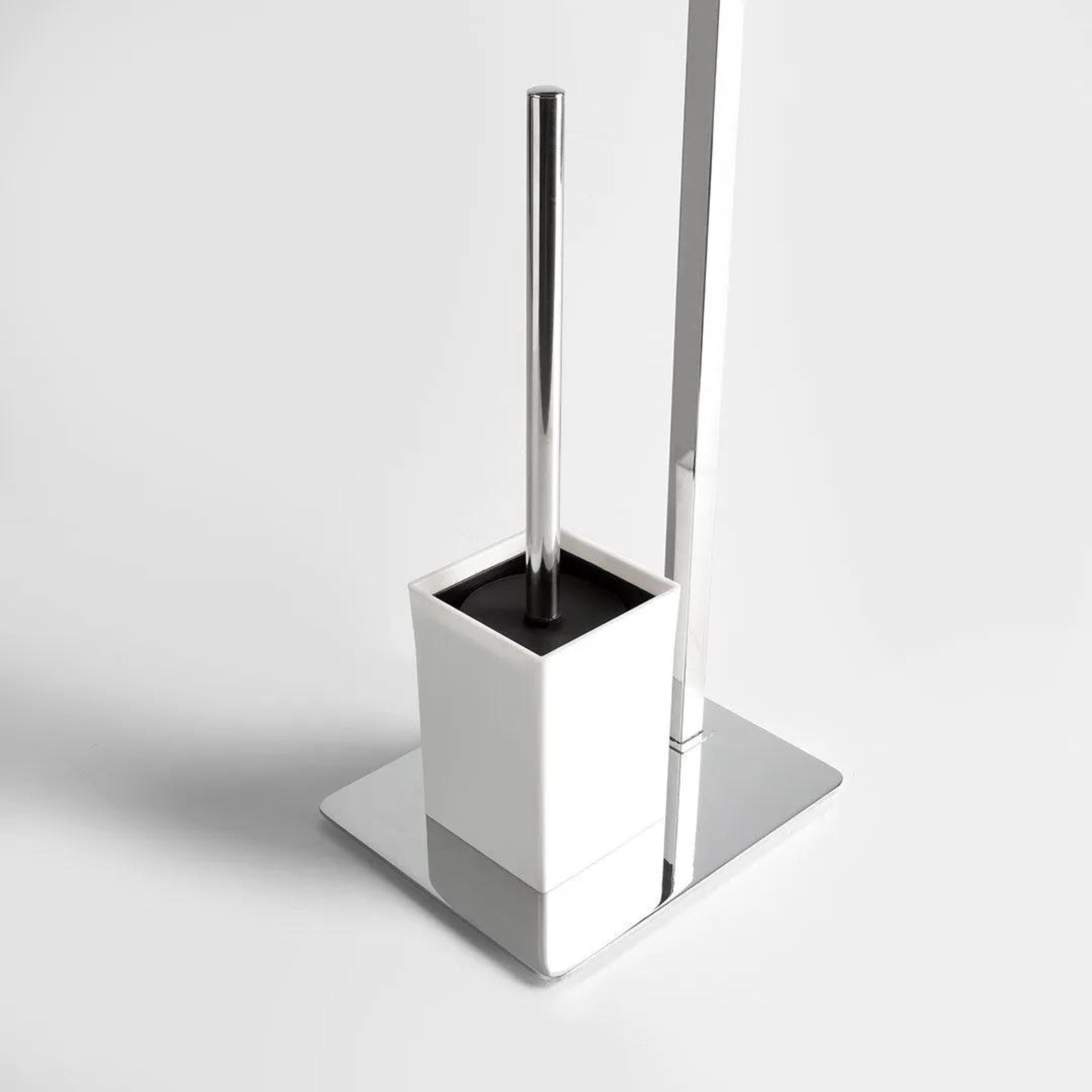 "Étienne" white floor lamp with toilet roll holder and toilet brush holder in polished chrome steel