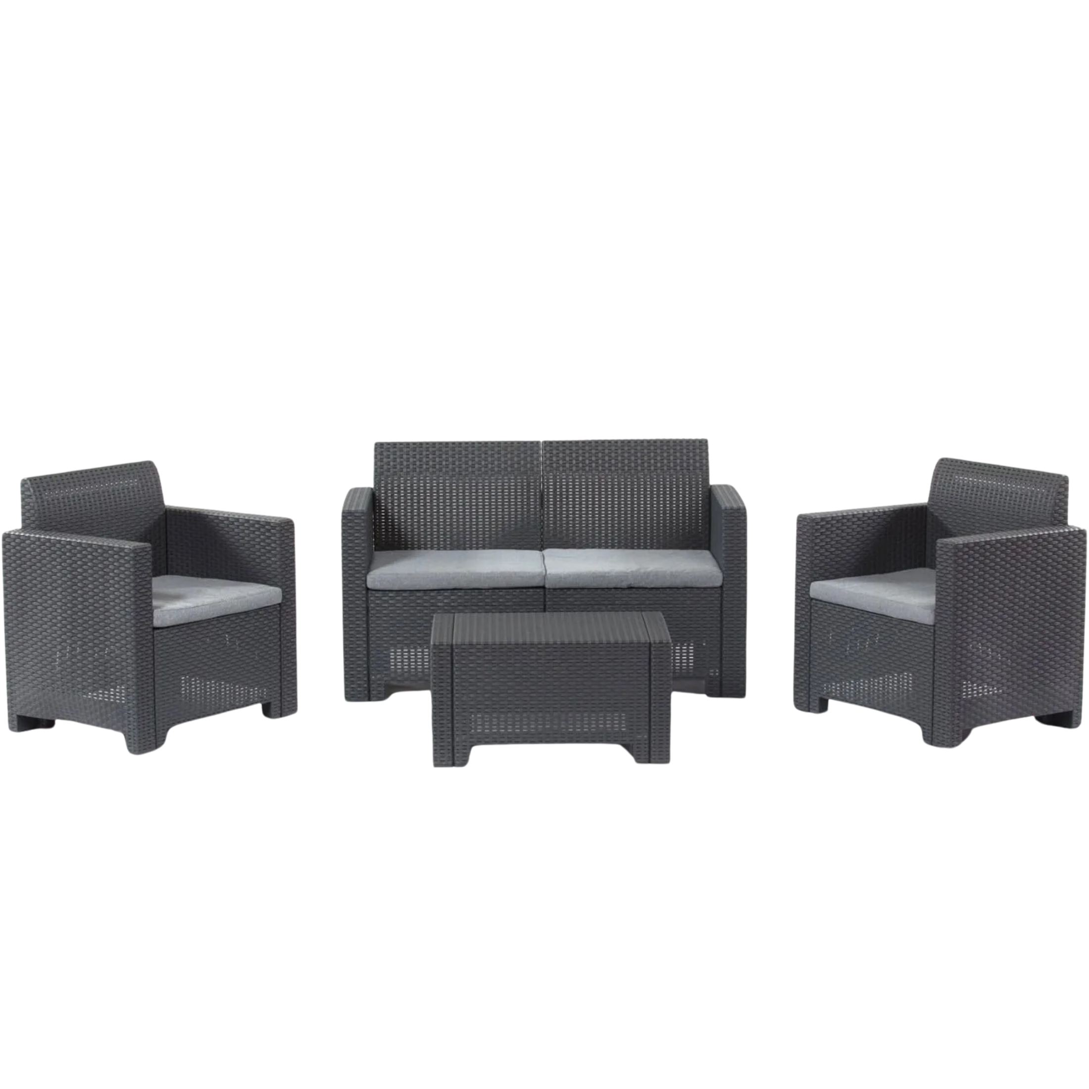 "Nebraska II" garden lounge set in rattan resin, coffee table + sofa + 2 armchairs with cushions