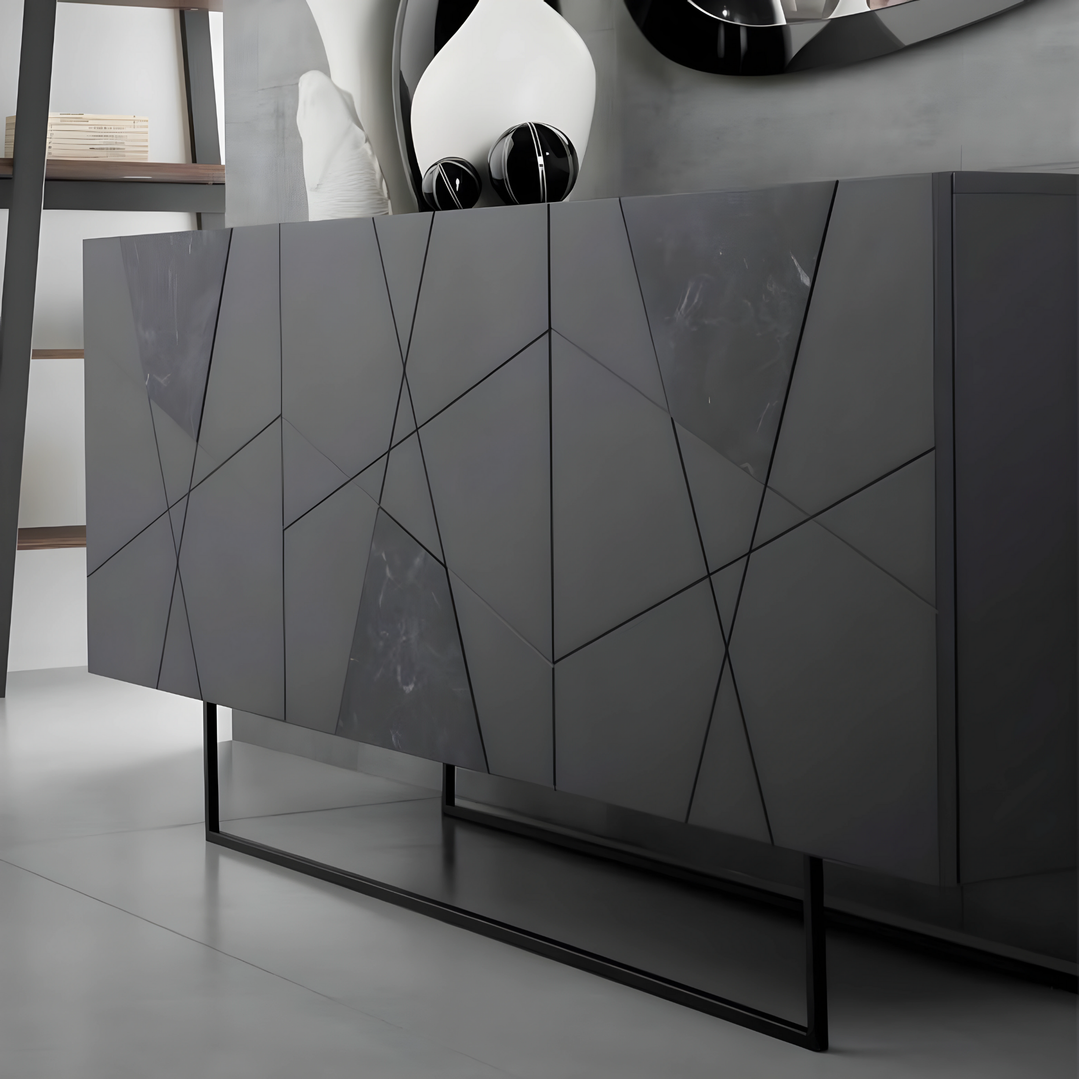 Modern 3-door "Adelaide" sideboard in wood with marble-effect glass inserts, 180x50 cm, 80 cm high