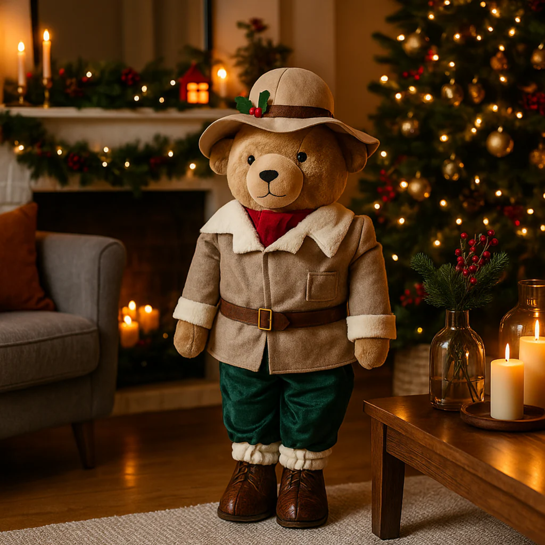 Country teddy bear with beige coat and hat, polyester Christmas decorations