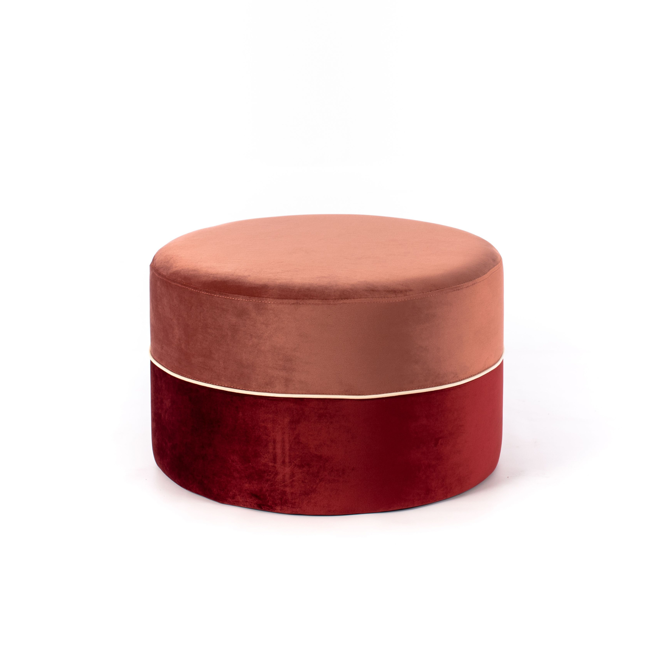 Red velvet pouf "Cora" stool wooden frame cm 62x62 39h
