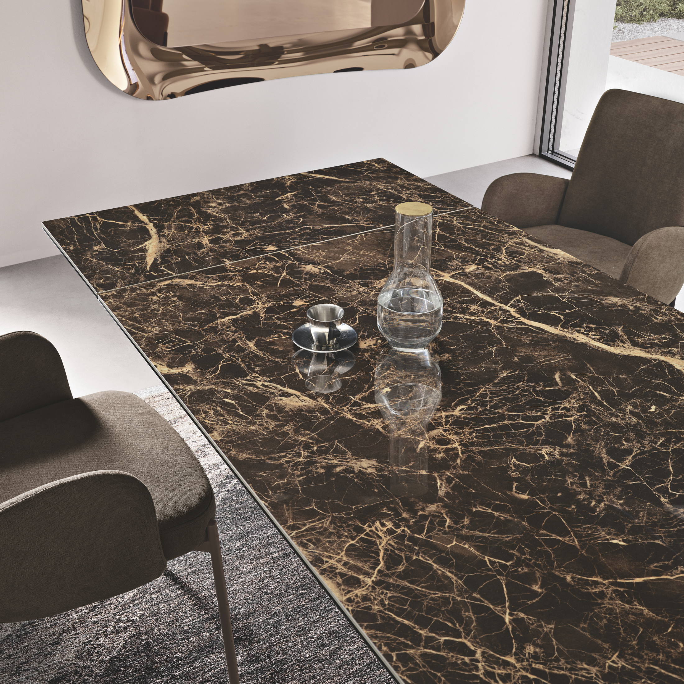 Modern extendable table "Artik" with metal base, seats up to 10 people.