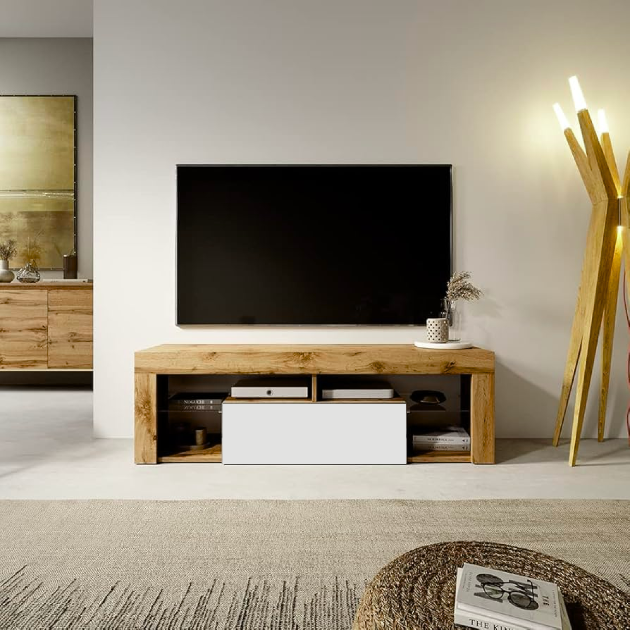 "Hugo" TV stand in oak and white wood, 140x35 cm, 50 cm high