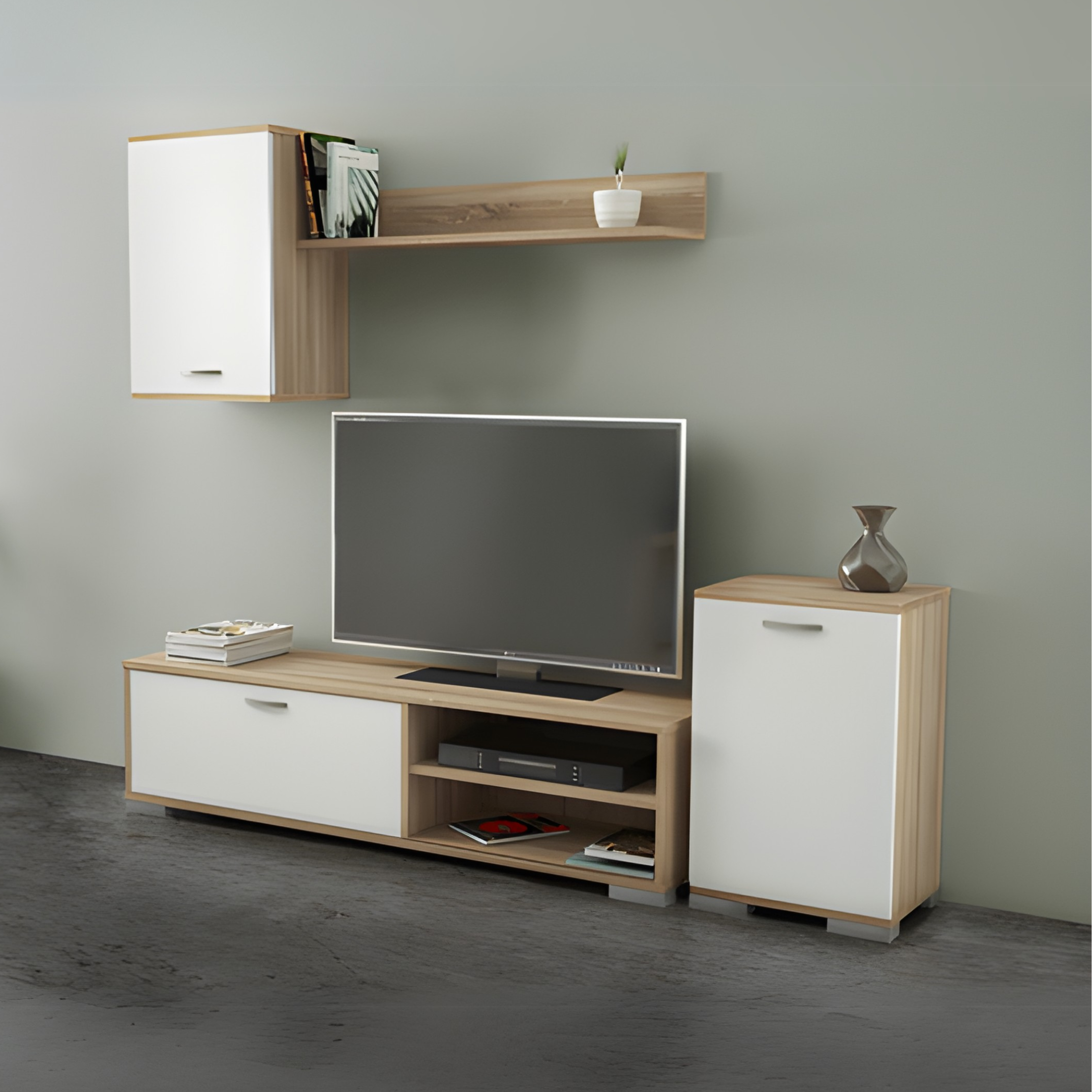 "Sade" living room wall unit in oak and white wood, 170x36 cm, 190 cm high