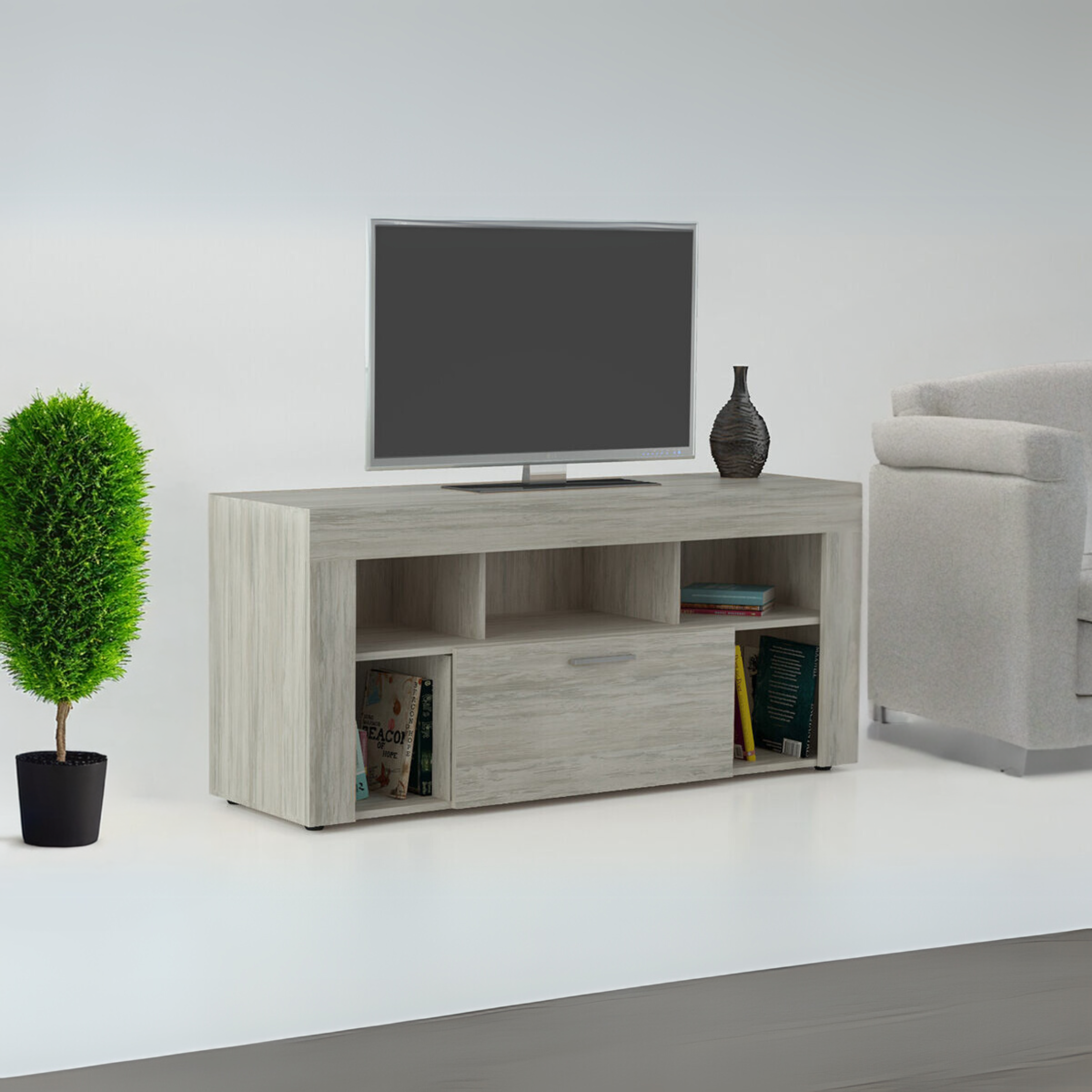 "TV Vision" TV stand in white grained wood, 135x41.5 cm, 60h