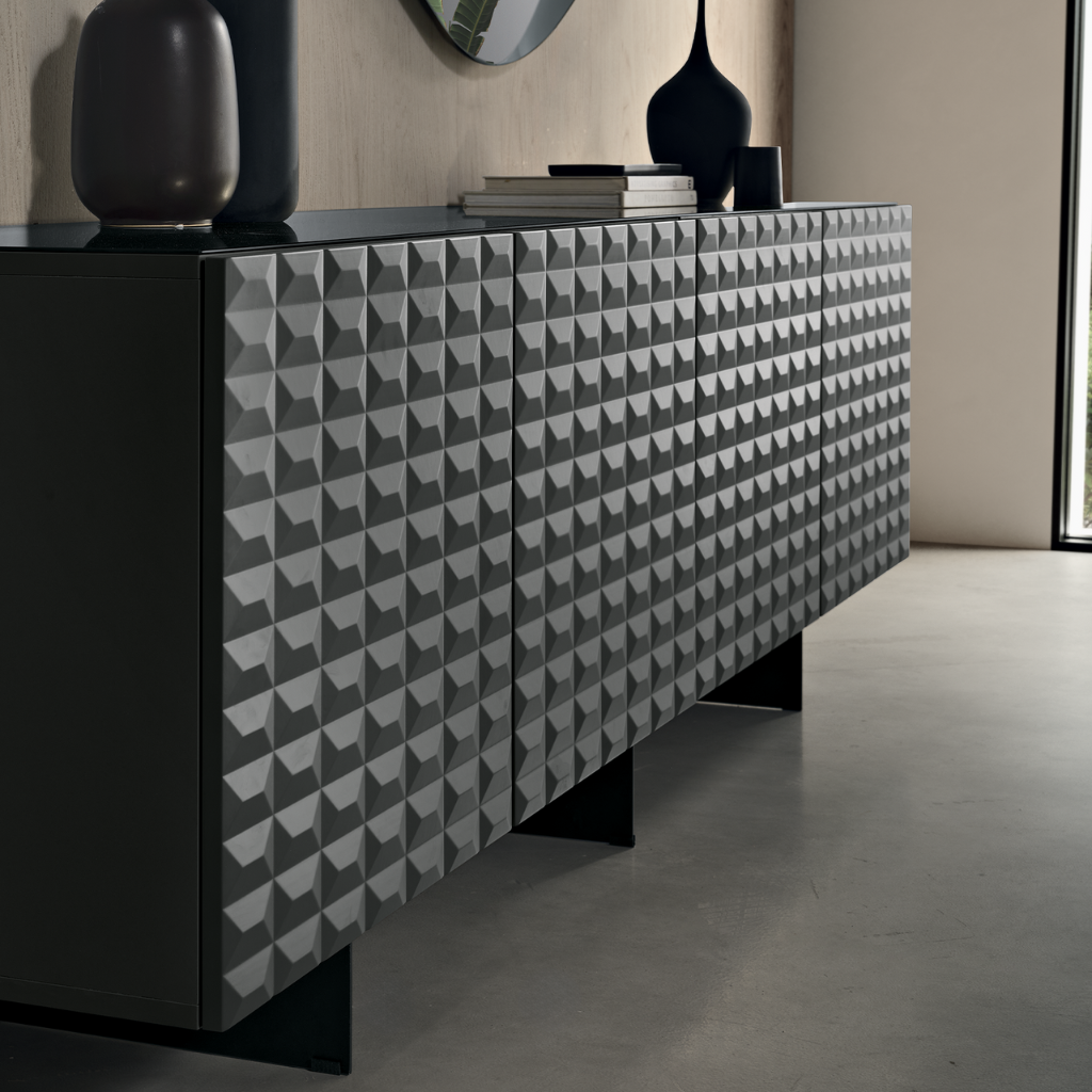 Anthracite "Cortese" living room sideboard with metal crosspiece and smoked mirrored glass top