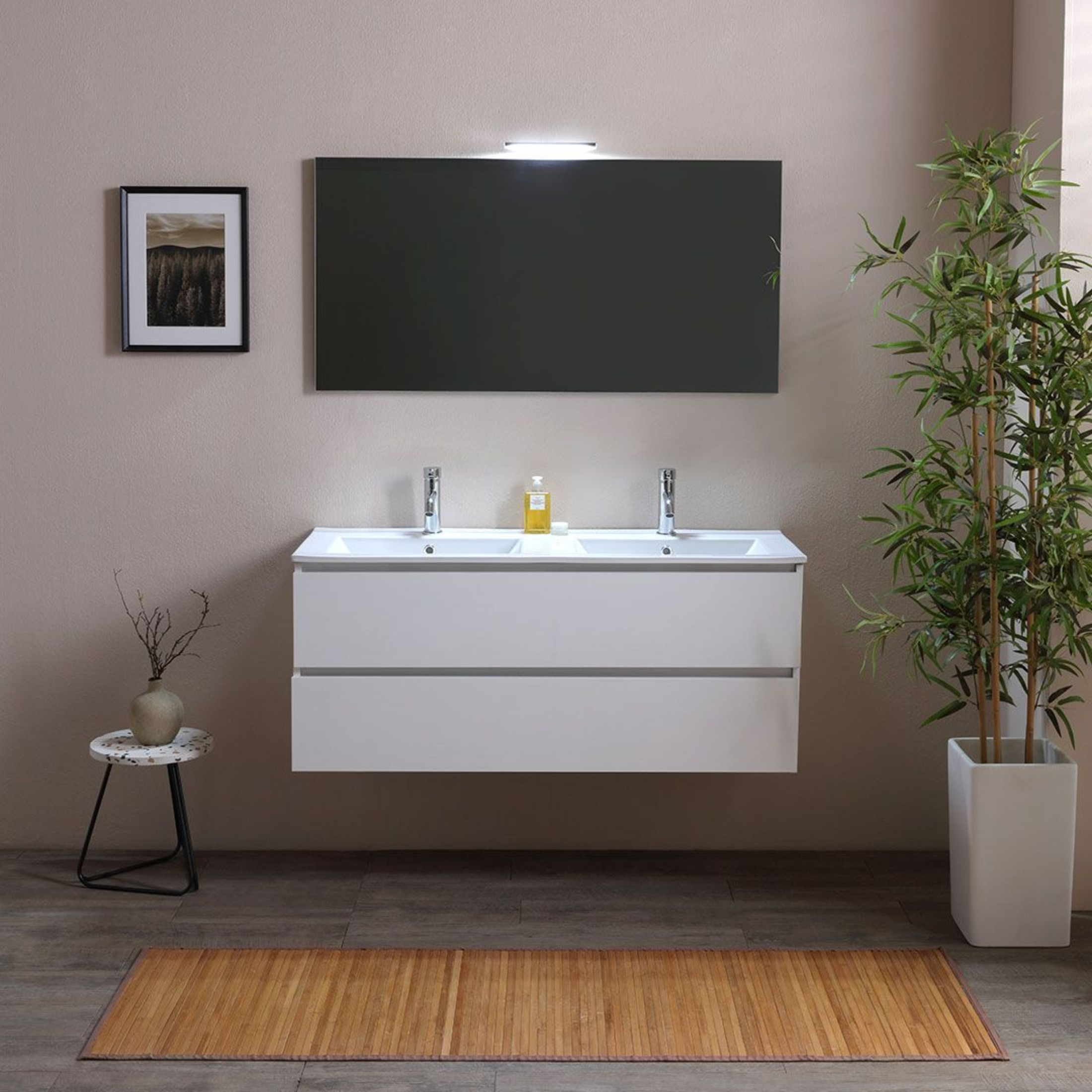 "Belize120" bathroom cabinet with double sink and two drawers in a white wood finish