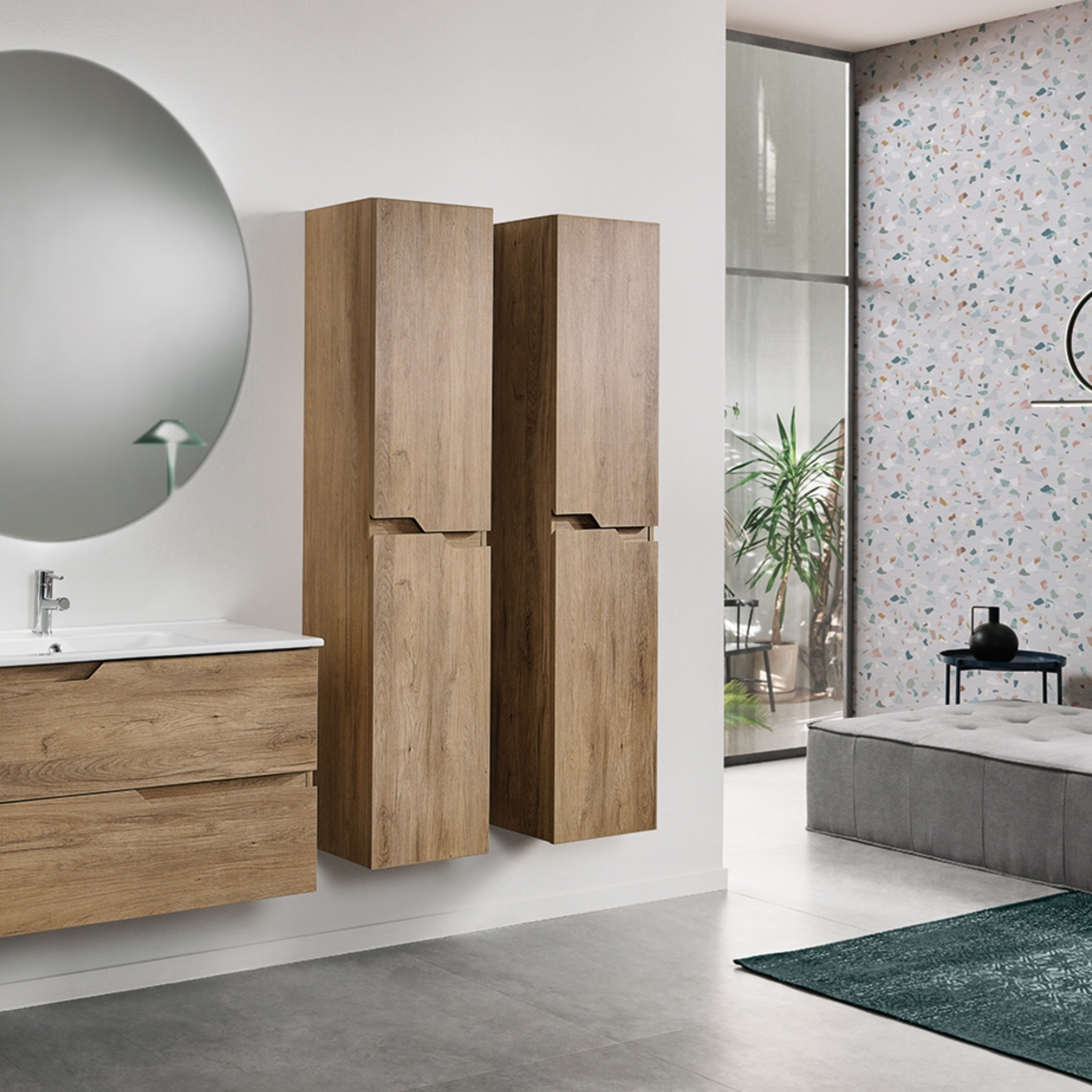 "Mika" modern wall-hung bathroom cabinet with LED mirror, 2-drawer sink