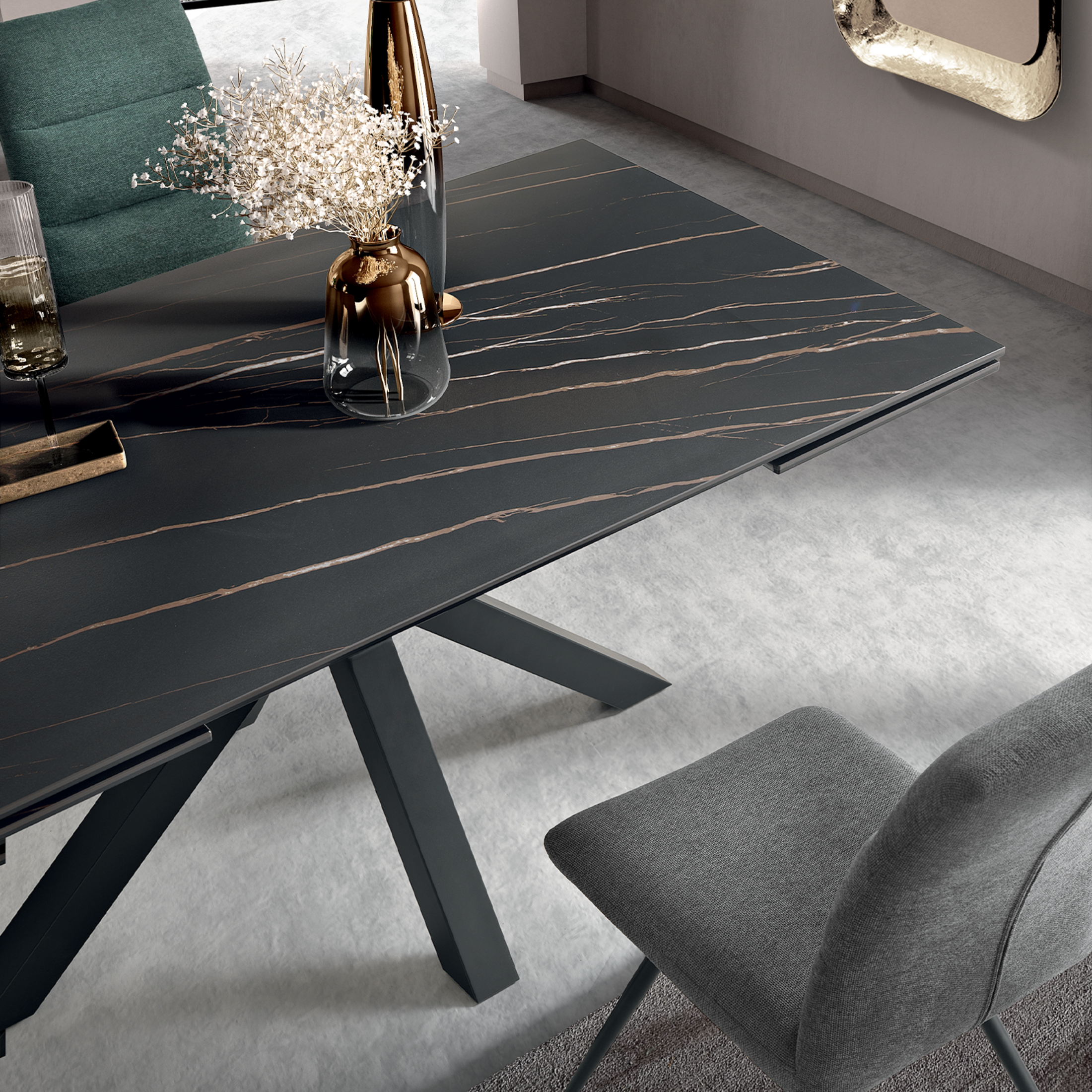 Modern extendable table "Artik" with metal base, seats up to 10 people.