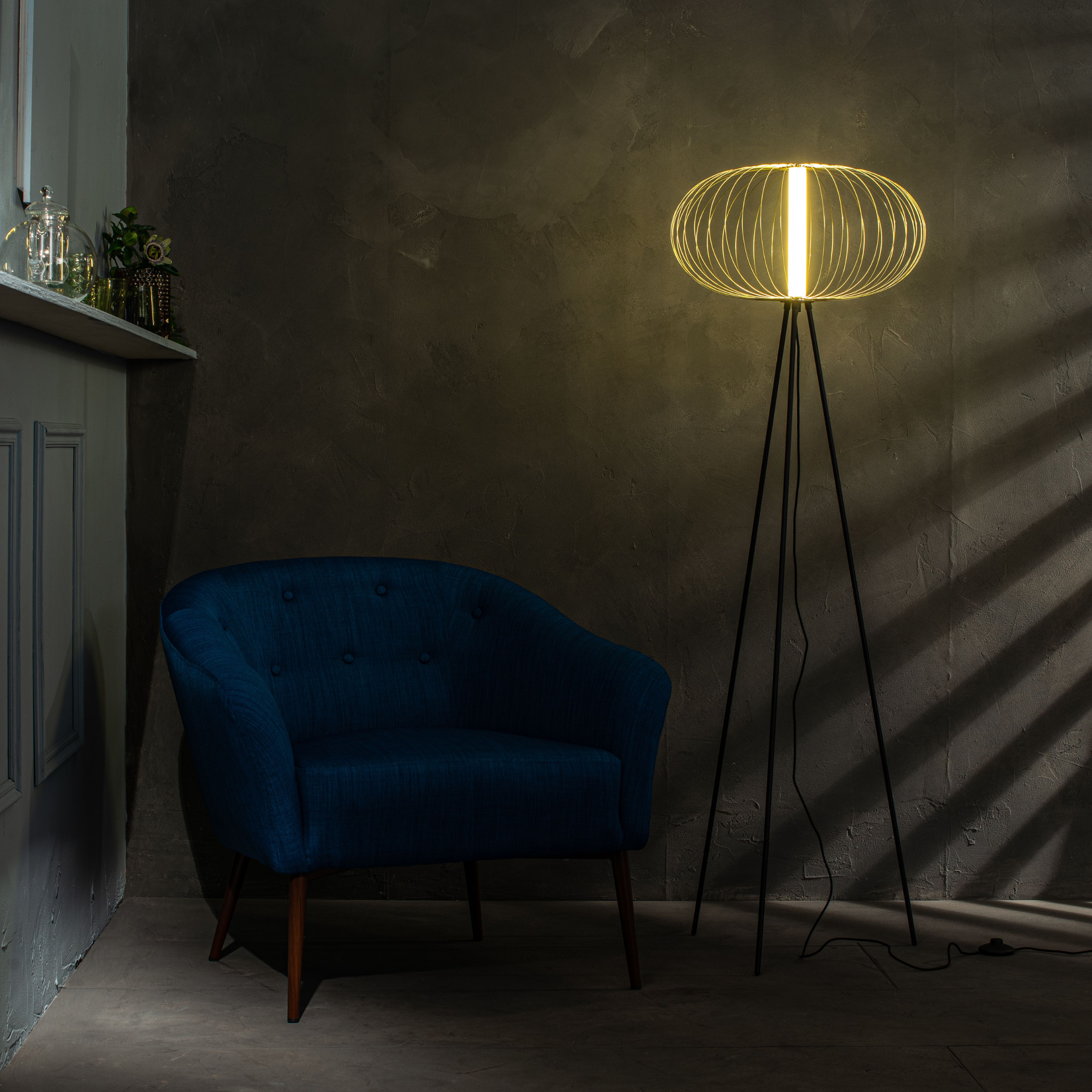 "Jaula" LED floor, table and hanging lamp with steel shade