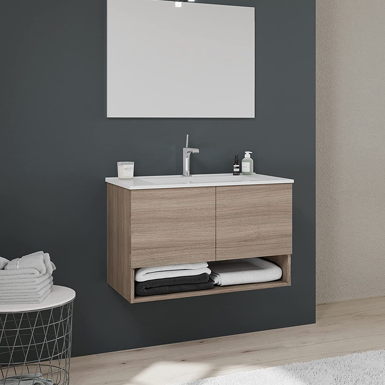 "Oslo" bathroom vanity unit in chipboard with mirror and LED light, 80x46 cm, 53h