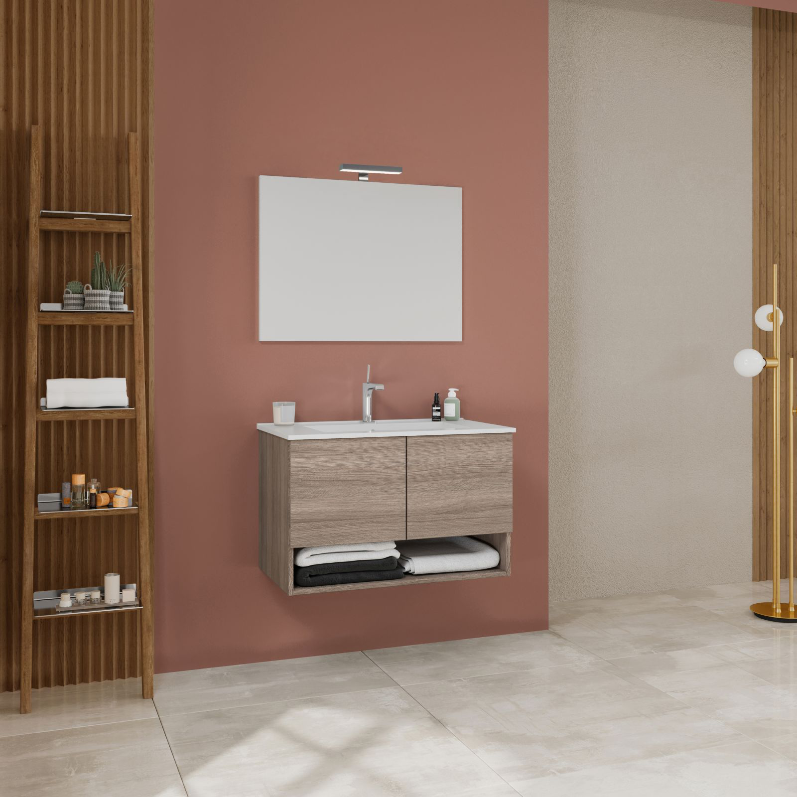 "Oslo" bathroom vanity unit in chipboard with mirror and LED light, 80x46 cm, 53h