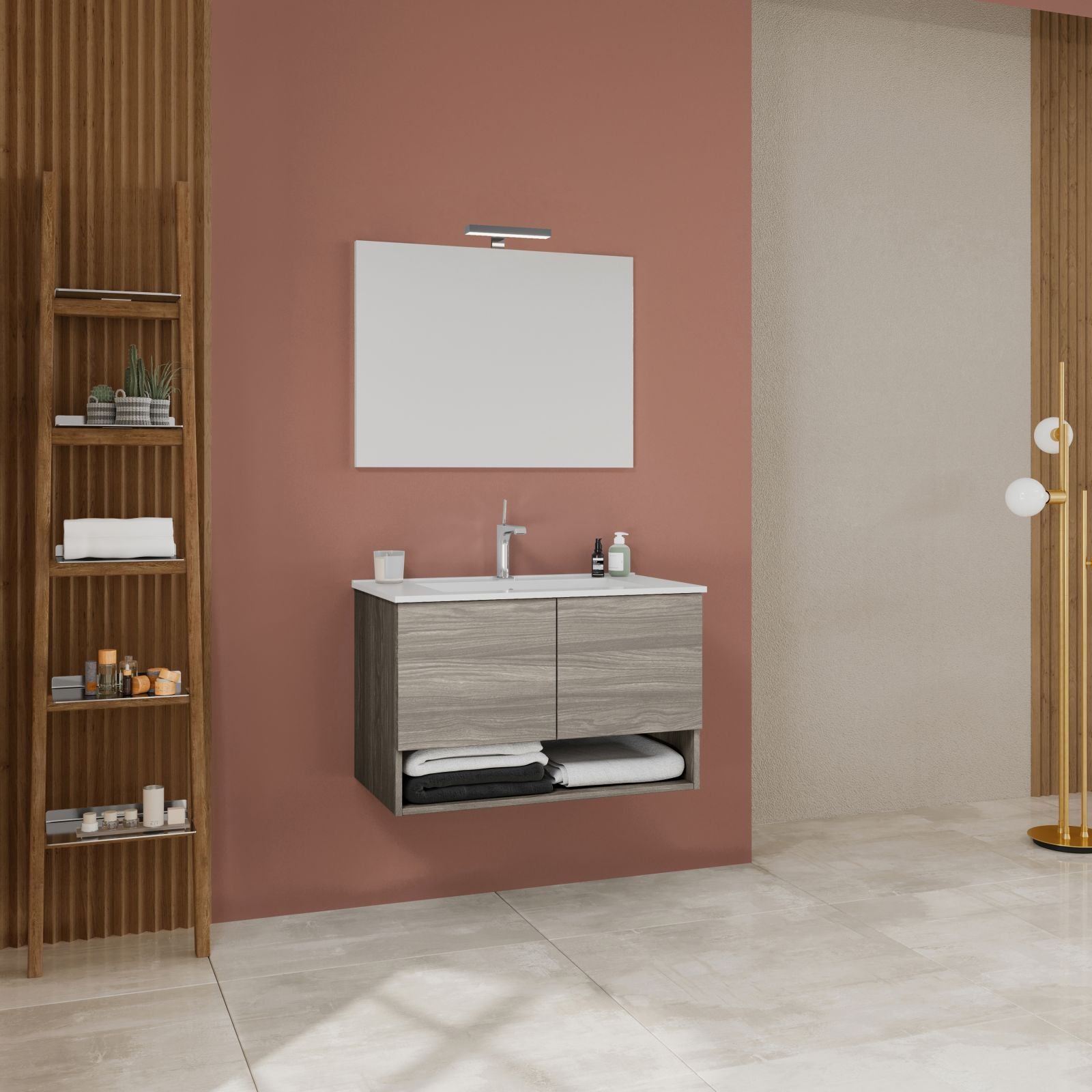 "Oslo" bathroom vanity unit in chipboard with mirror and LED light, 80x46 cm, 53h