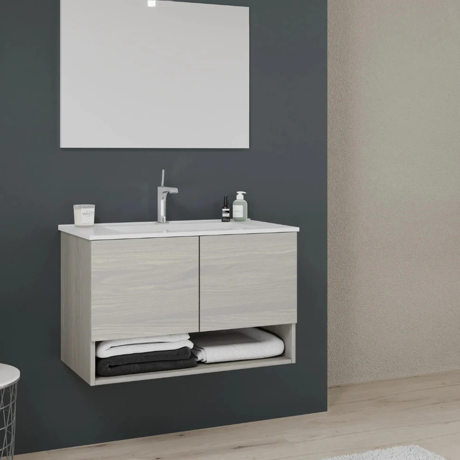 "Oslo" bathroom vanity unit in chipboard with mirror and LED light, 80x46 cm, 53h
