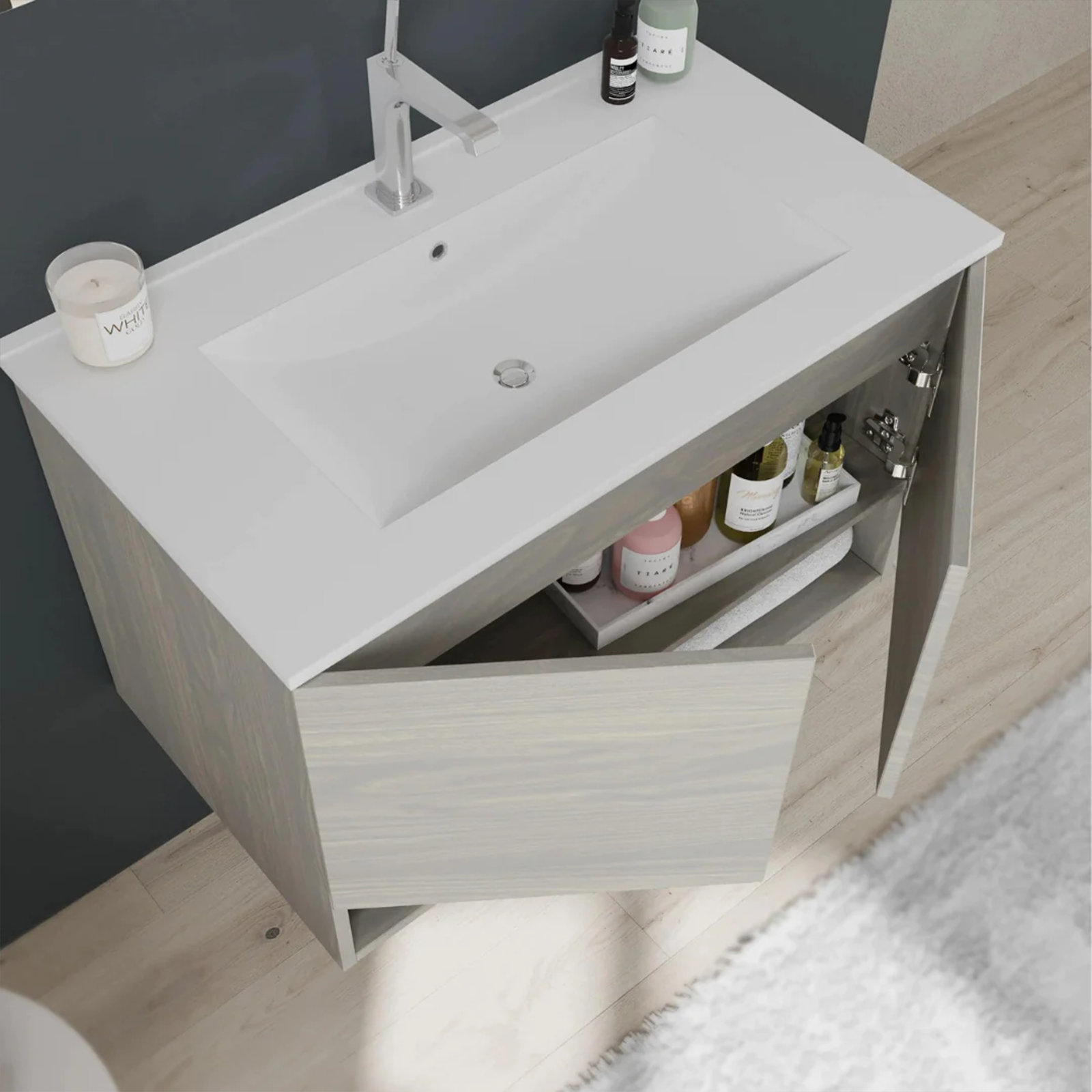 "Oslo" bathroom vanity unit in chipboard with mirror and LED light, 80x46 cm, 53h
