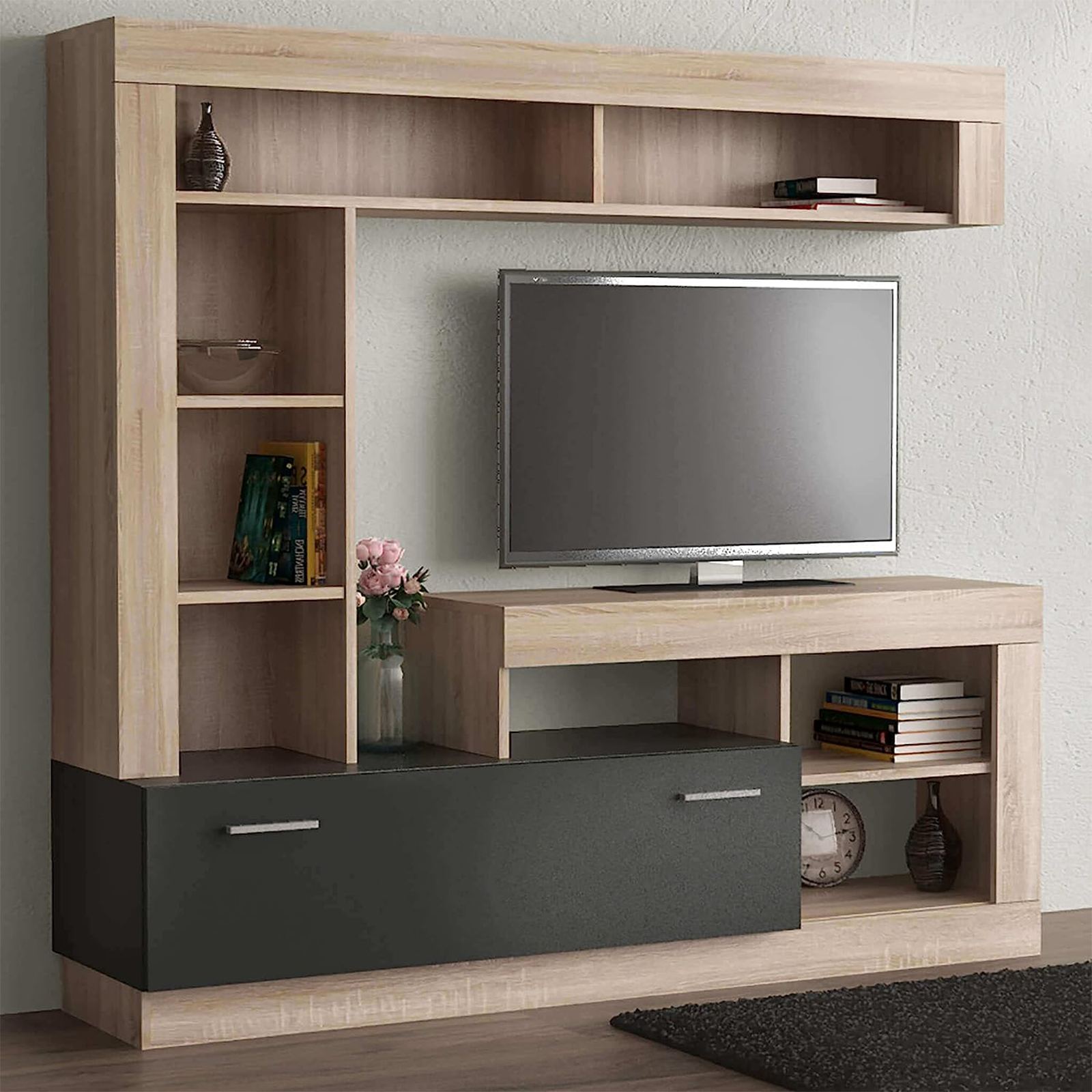 "Living Lea" modern living room wall unit in anthracite and oak, 170x42 cm, 170h