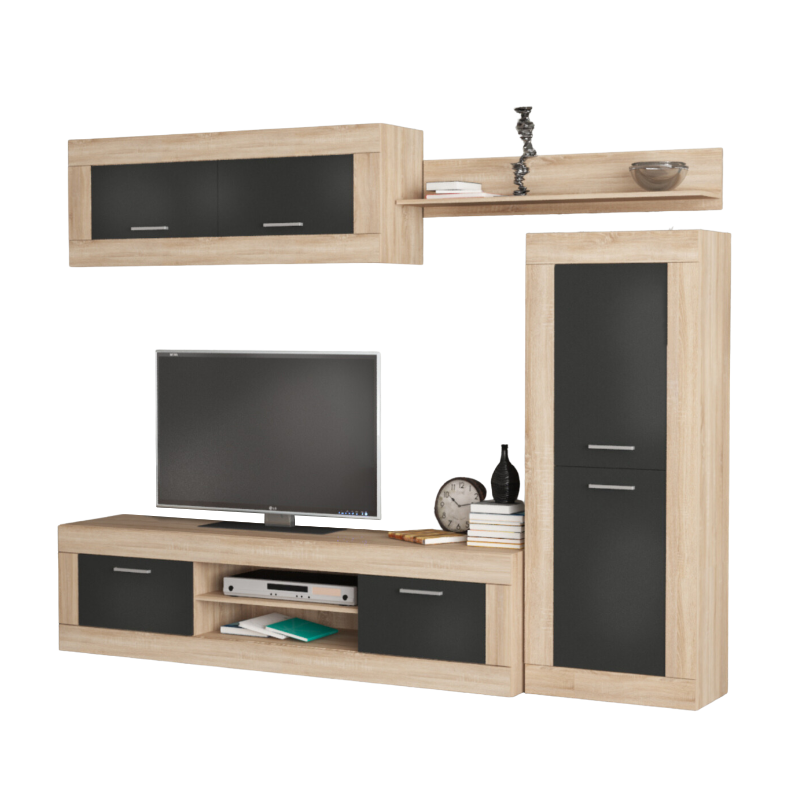 "Living Amber" modern living room wall unit in anthracite and oak, 250x41 cm, 188 cm high.