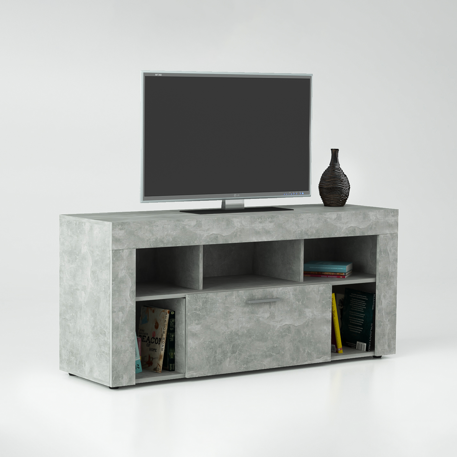 "Vision" TV stand in chipboard with 1 door and shelves, 130x42 cm, 60 cm high