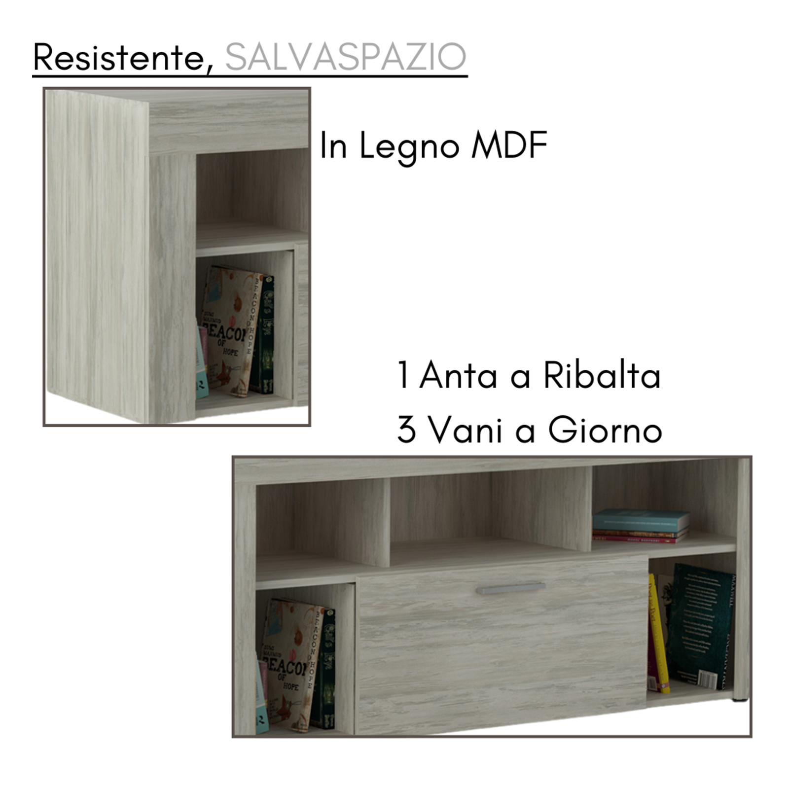 "Vision" TV stand in chipboard with 1 door and shelves, 130x42 cm, 60 cm high