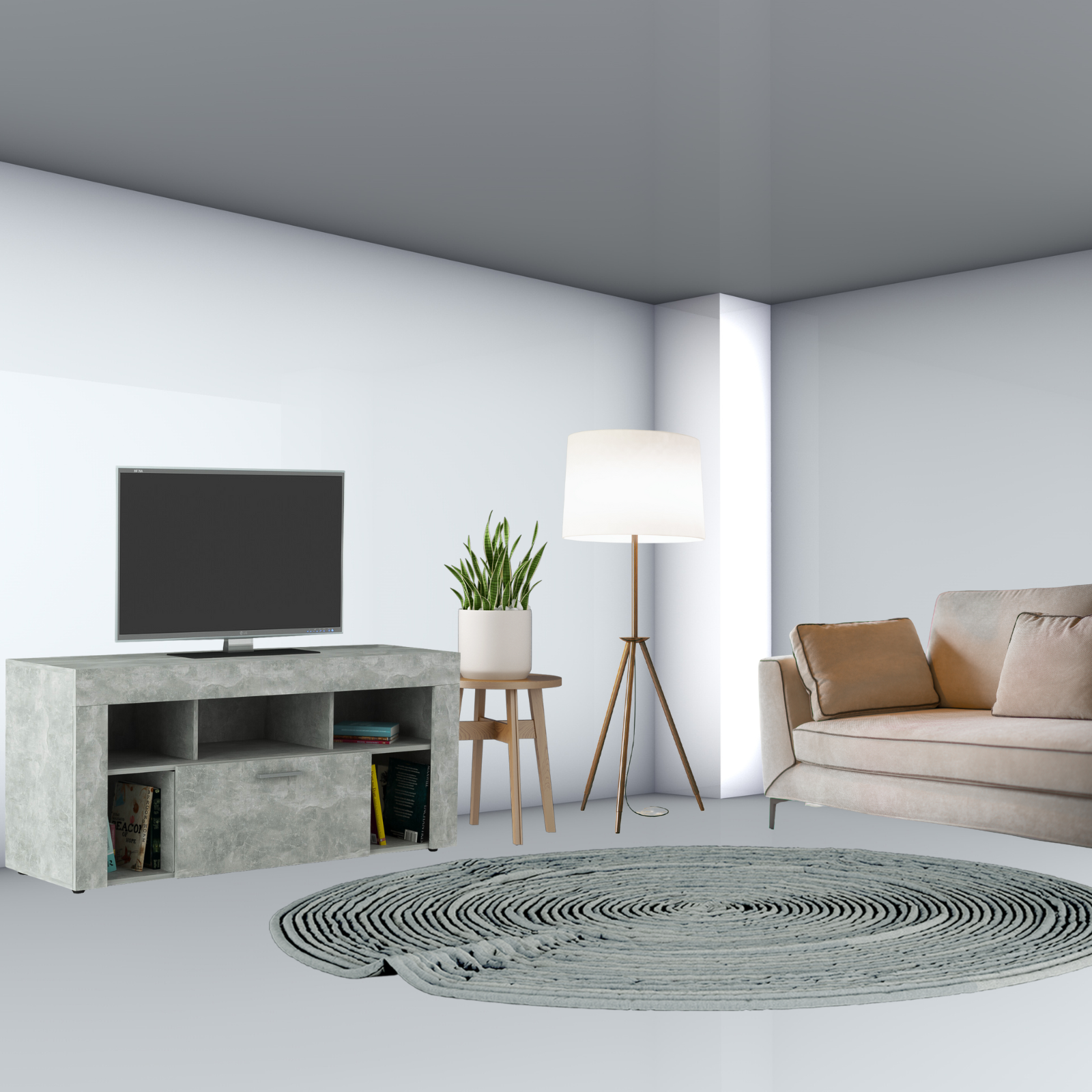 "Vision" TV stand in chipboard with 1 door and shelves, 130x42 cm, 60 cm high