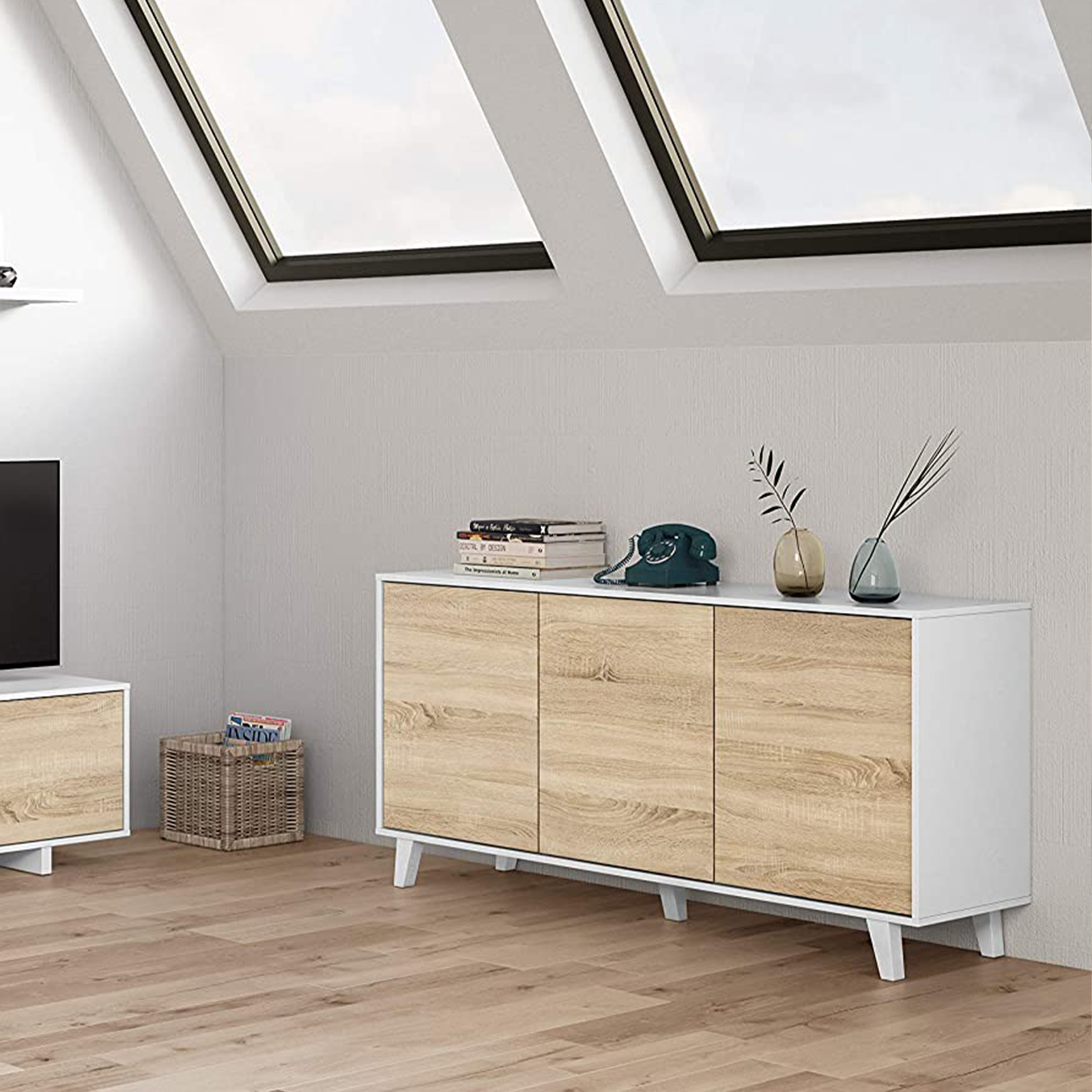 "Zaiken" 3-door sideboard in oak and white for the living room, 154x41 cm, 75 cm high.