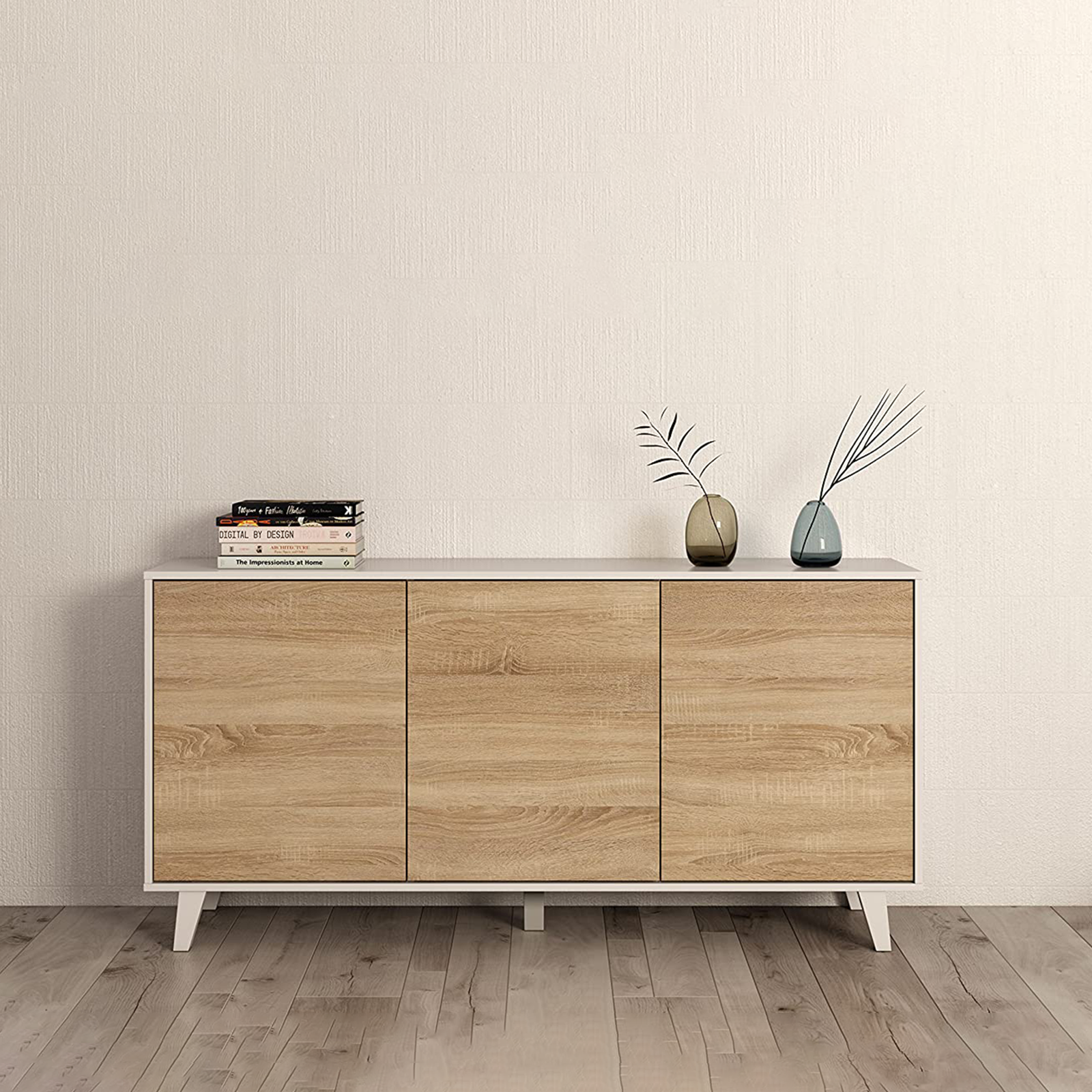 "Zaiken" 3-door sideboard in oak and white for the living room, 154x41 cm, 75 cm high.