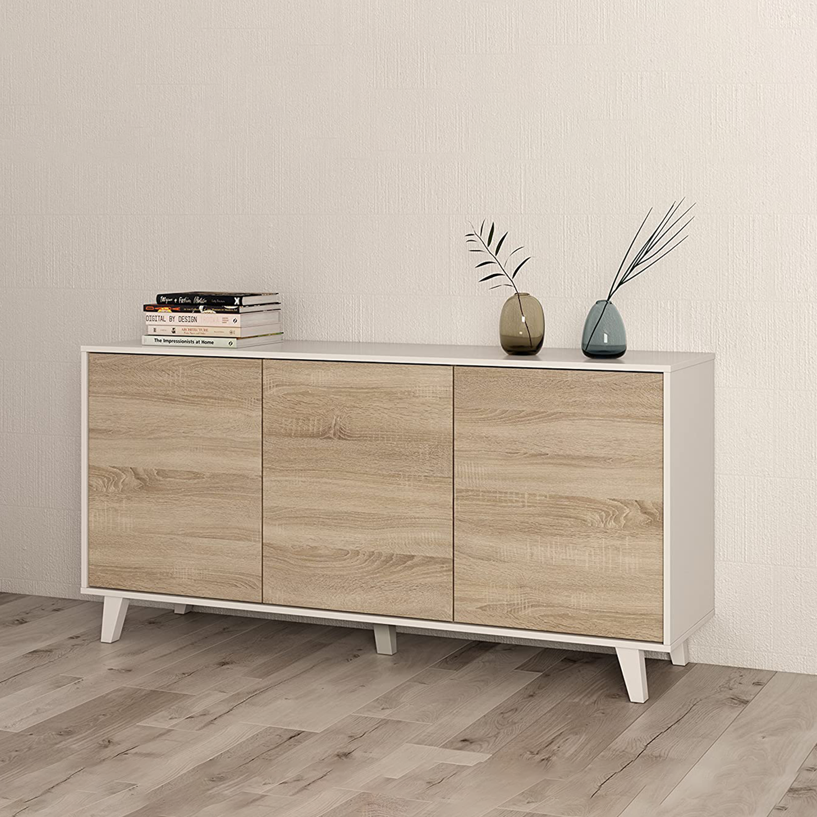 "Zaiken" 3-door sideboard in oak and white for the living room, 154x41 cm, 75 cm high.