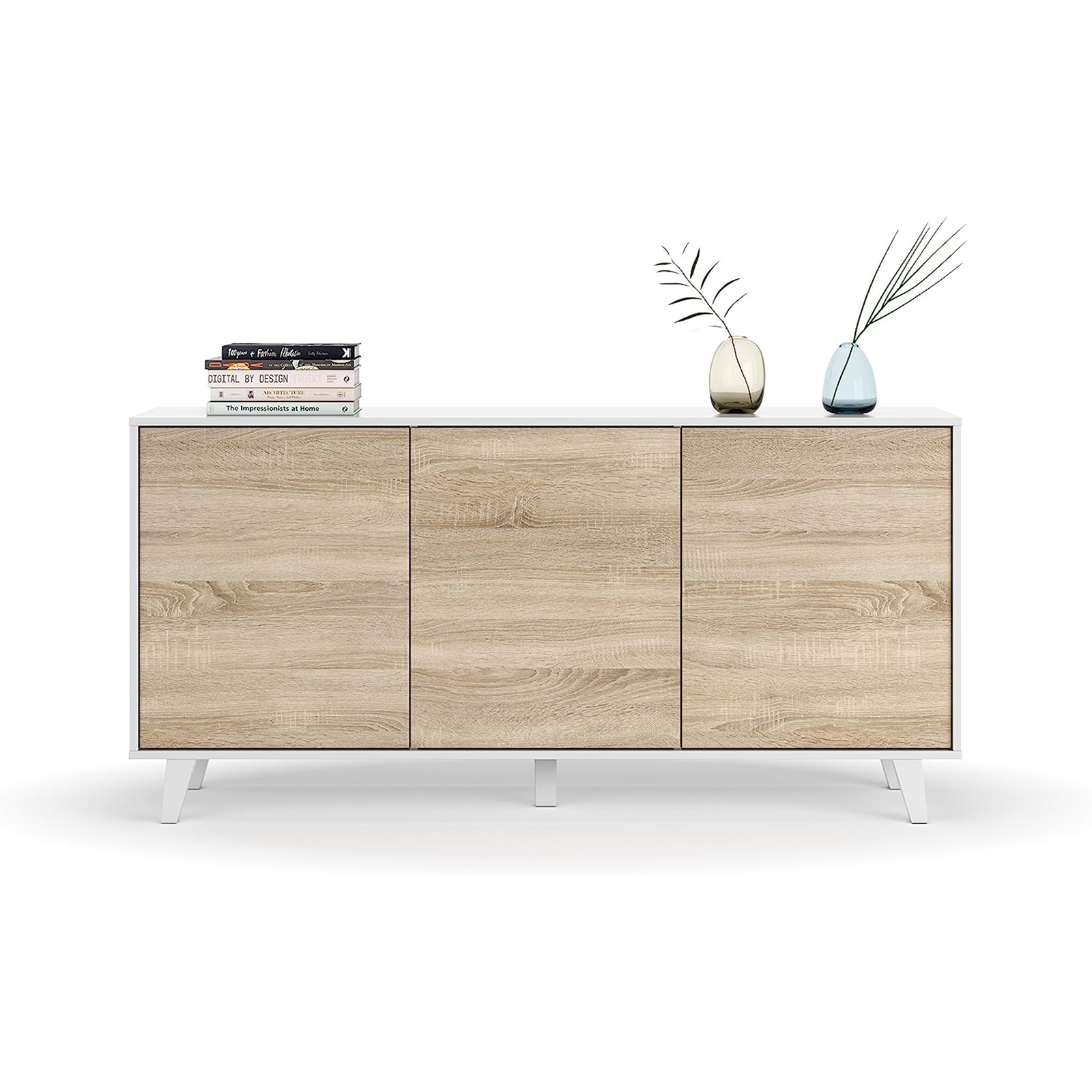 "Zaiken" 3-door sideboard in oak and white for the living room, 154x41 cm, 75 cm high.