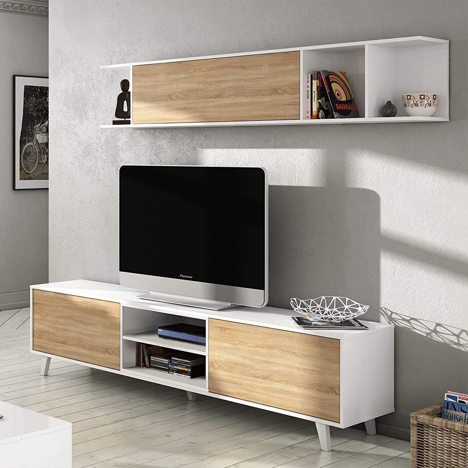"Zaiken" modern living room wall unit set, white and oak, 180 cm