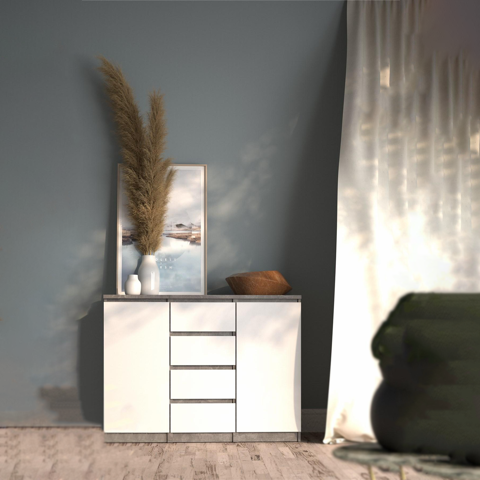 "Naia" wooden sideboard, chest of drawers, white and concrete