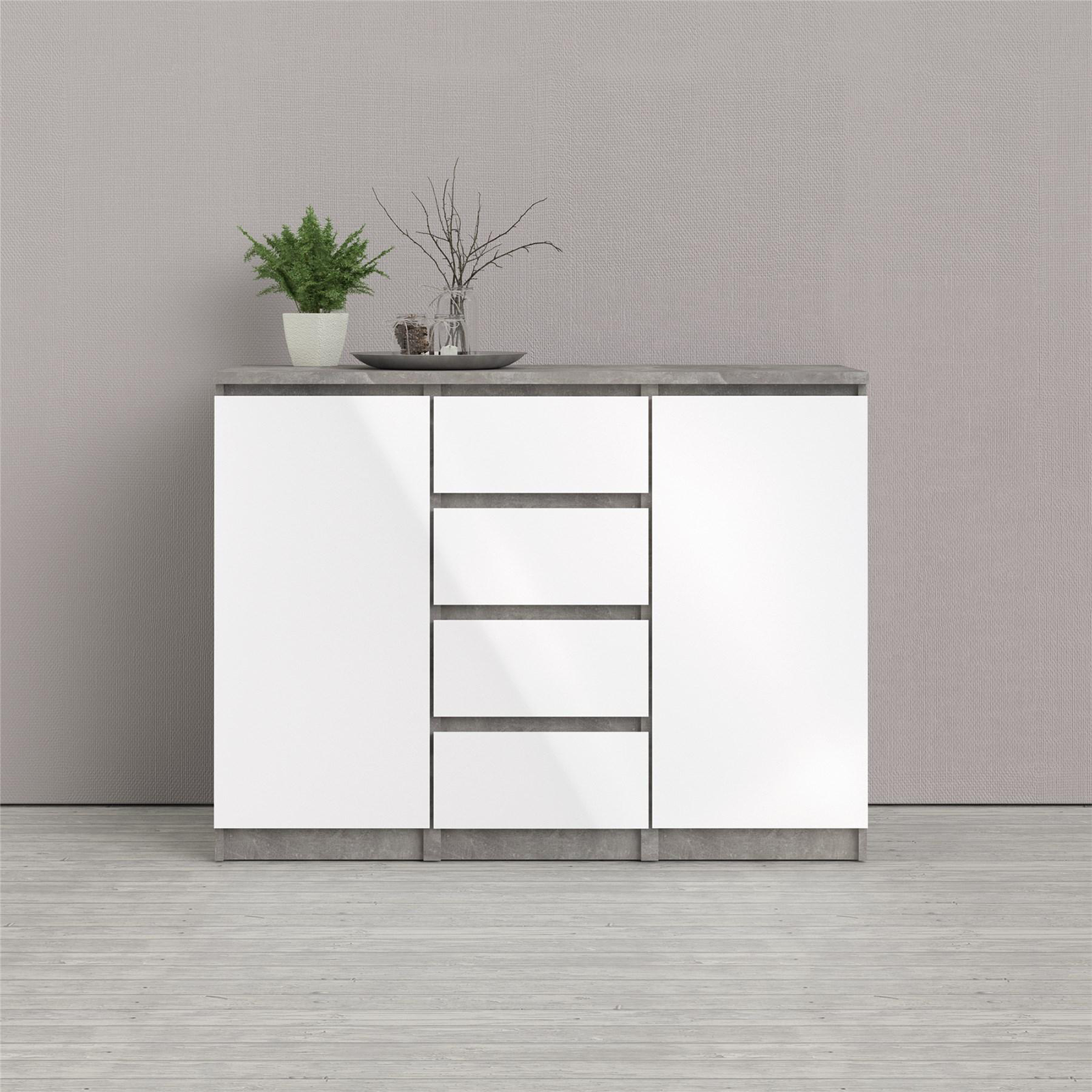 "Naia" wooden sideboard, chest of drawers, white and concrete