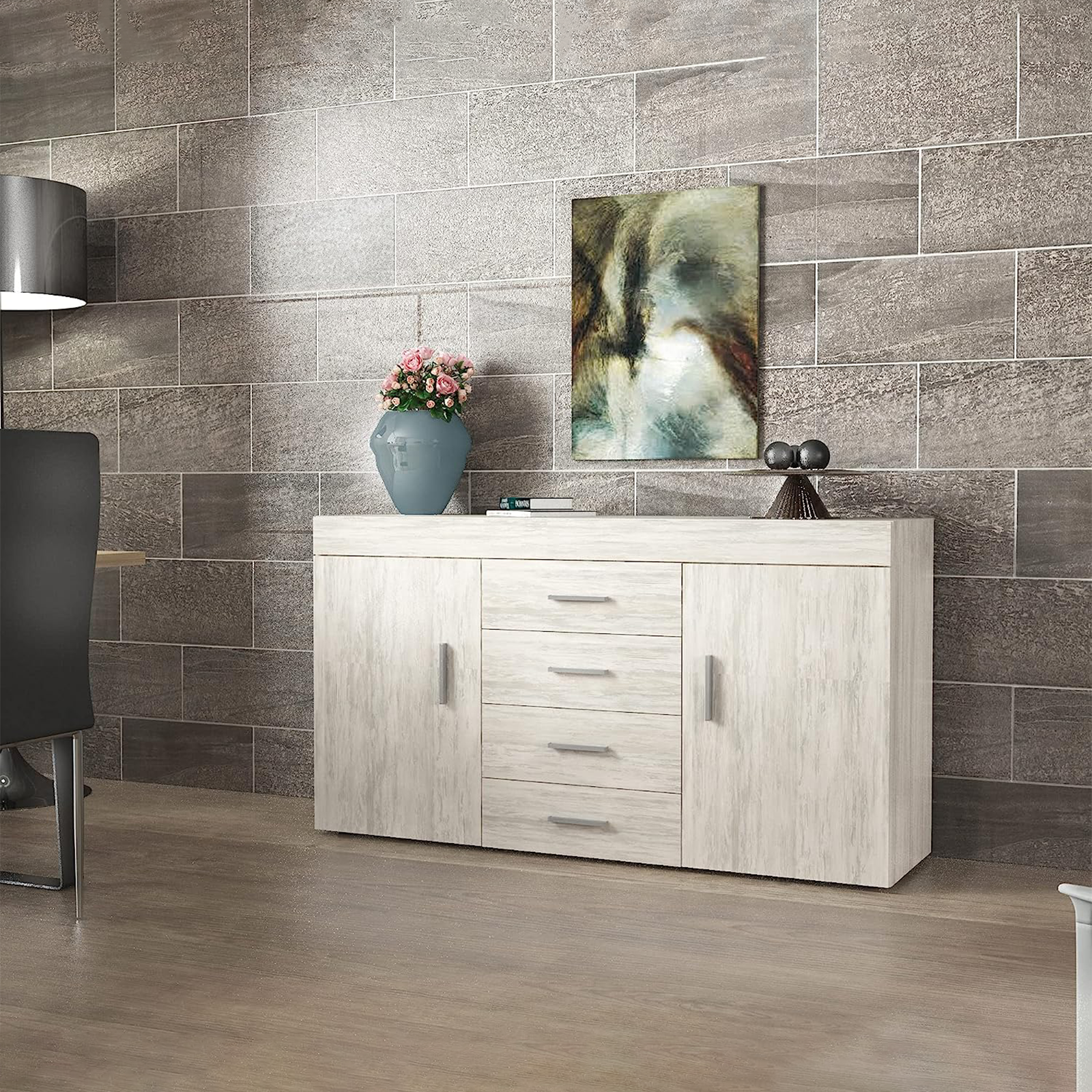 "CH4298" white wooden entrance sideboard with 2 doors and 4 drawers, 153x40 cm, 85 cm high