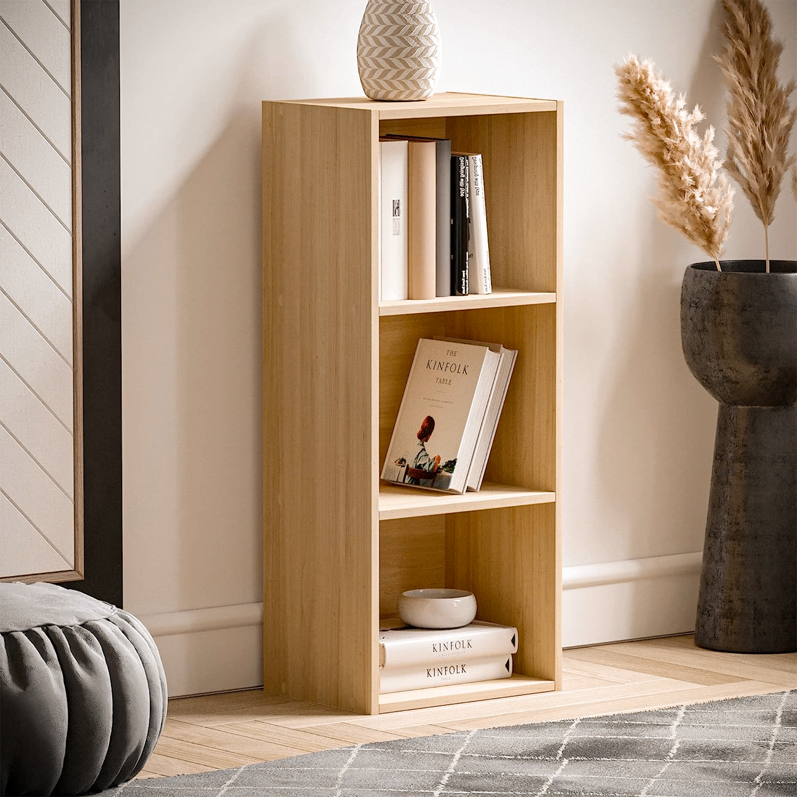 Tall open bookcase "Cubo" with 3 compartments in melamine wood, 31x30 cm, 91h