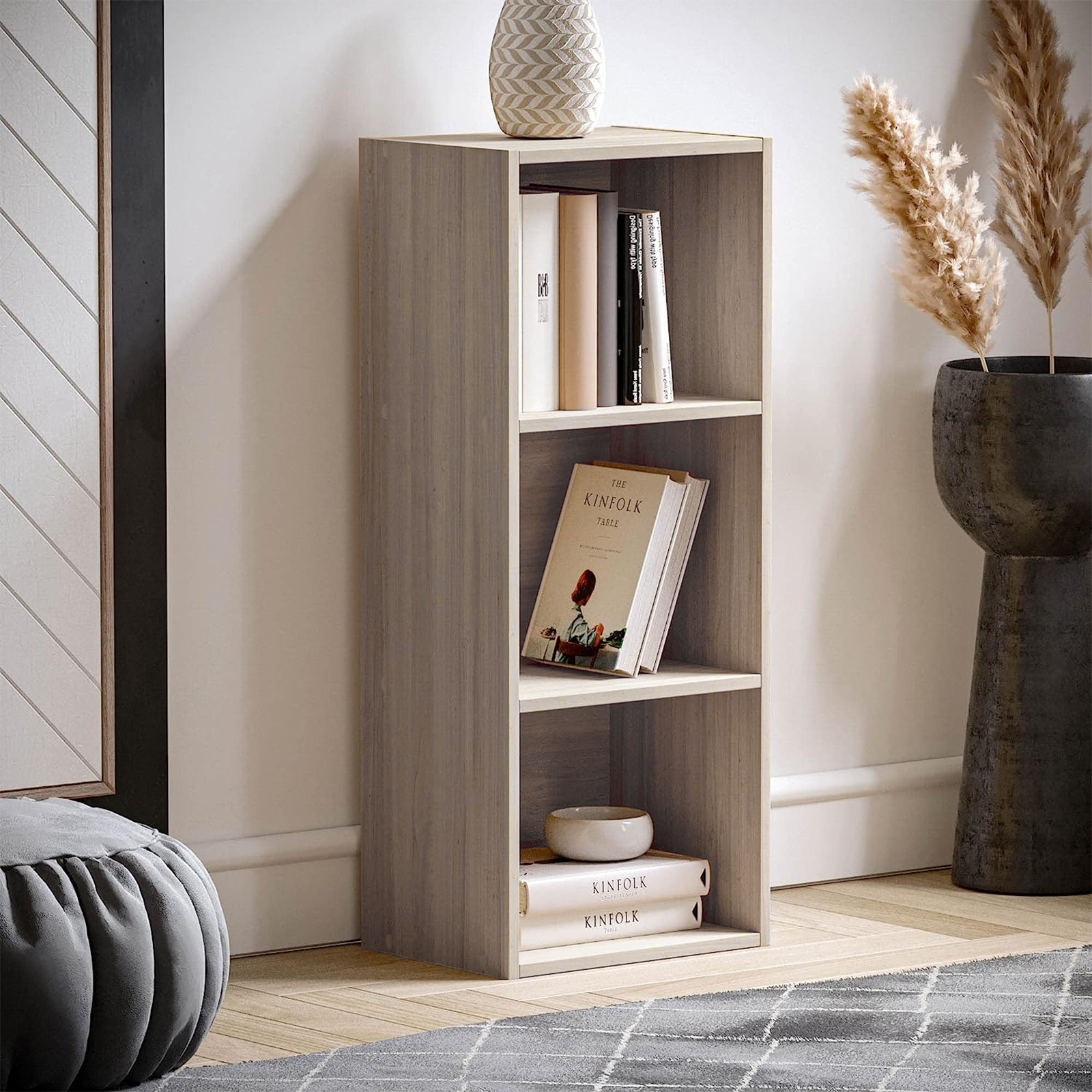 Tall open bookcase "Cubo" with 3 compartments in melamine wood, 31x30 cm, 91h