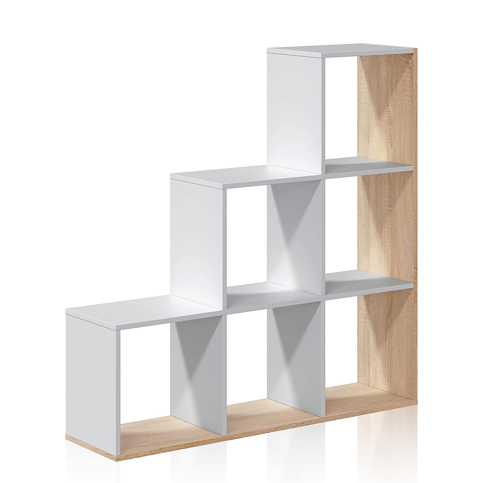 Open bookcase "Box" with 6 compartments, white and oak, melamine wood, 108x28 cm, 110h