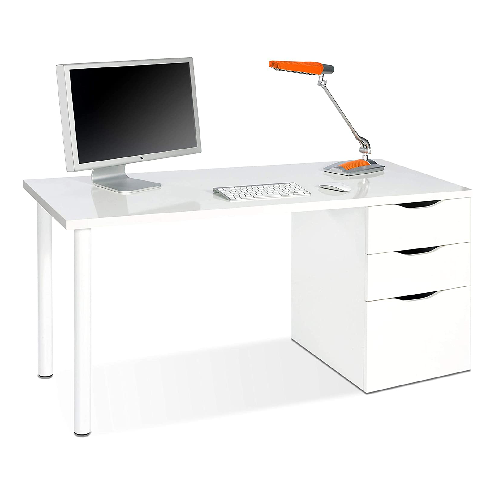 White "Athena" chipboard desk with 3 drawers and metal legs, 138x60 cm, 74h