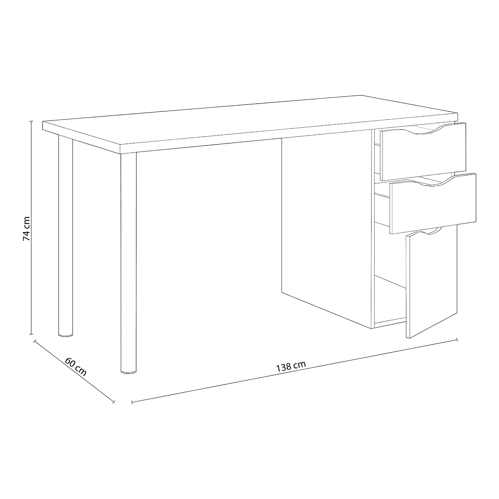 White "Athena" chipboard desk with 3 drawers and metal legs, 138x60 cm, 74h