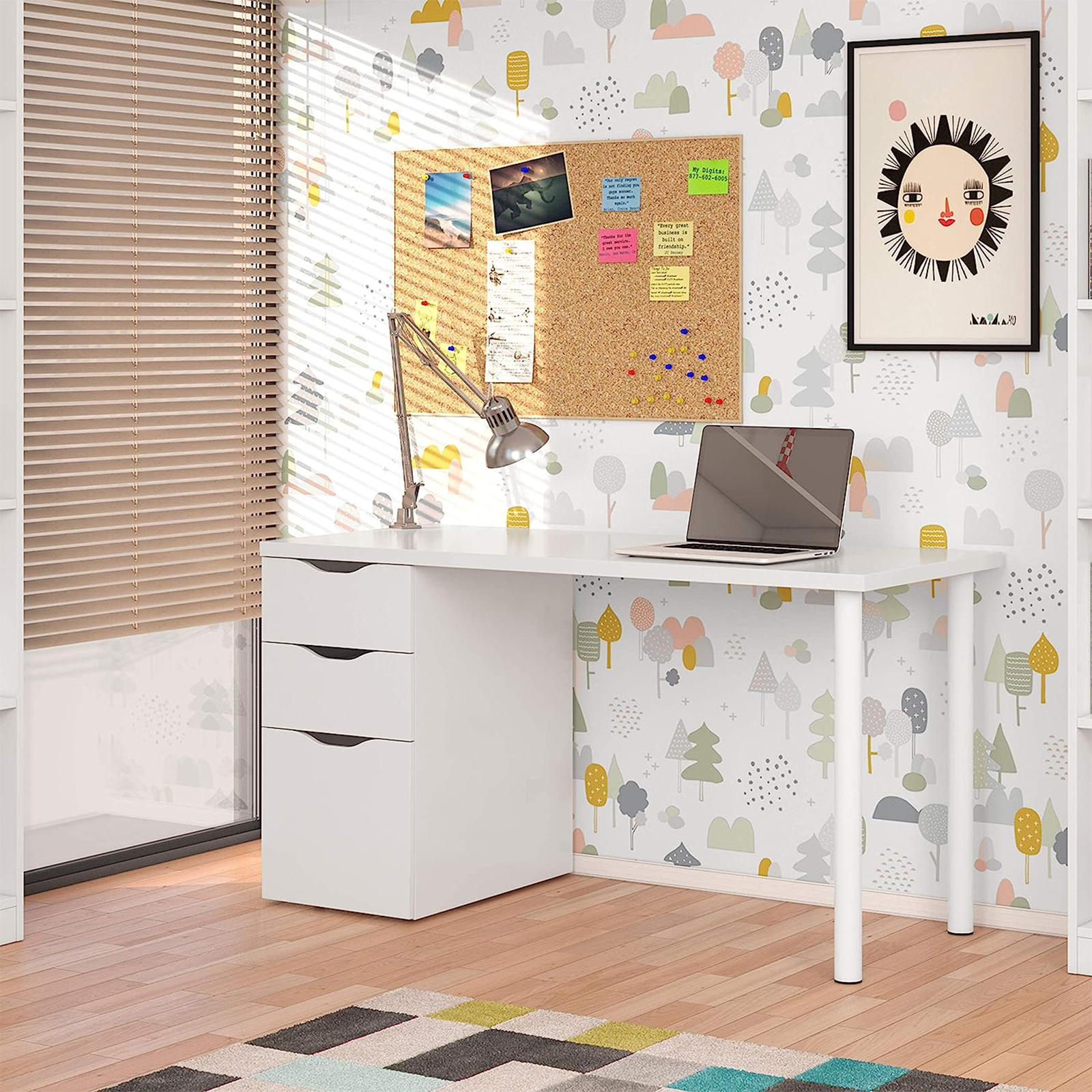White "Athena" chipboard desk with 3 drawers and metal legs, 138x60 cm, 74h