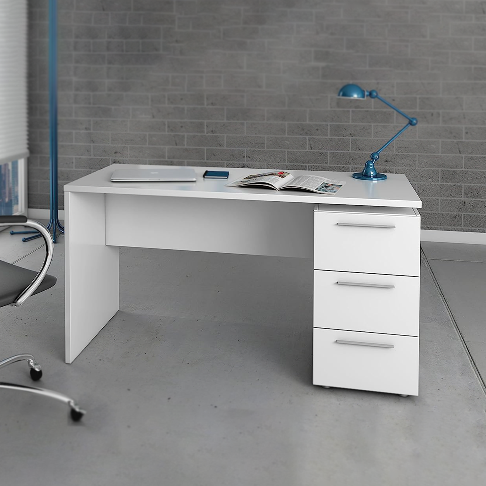 Modern "Stylus" wooden desk in matt white with drawers, 138x60 cm, 74h