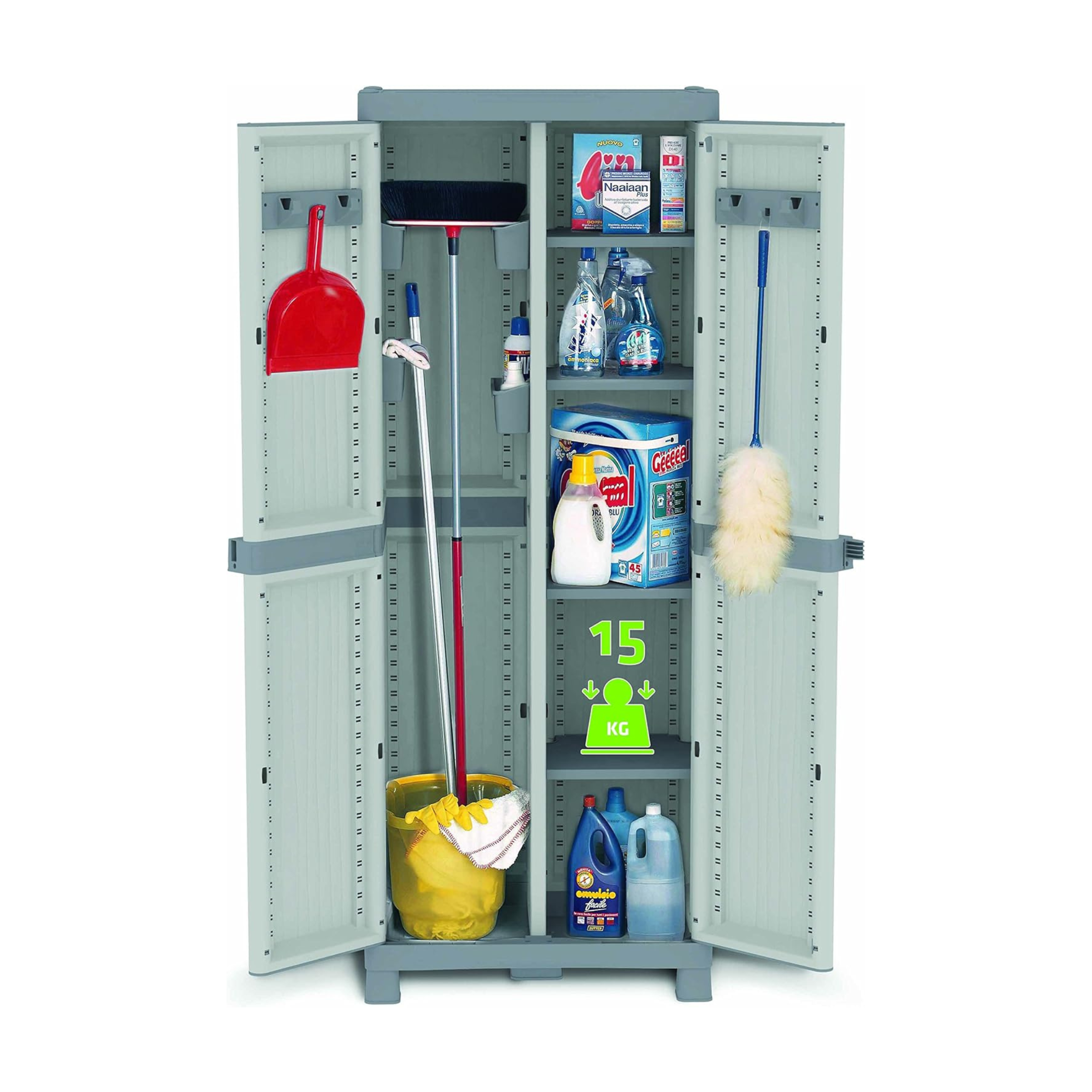 "Wolk" plastic storage cabinet with 2 doors, broom holder, 74x44 cm, 181h
