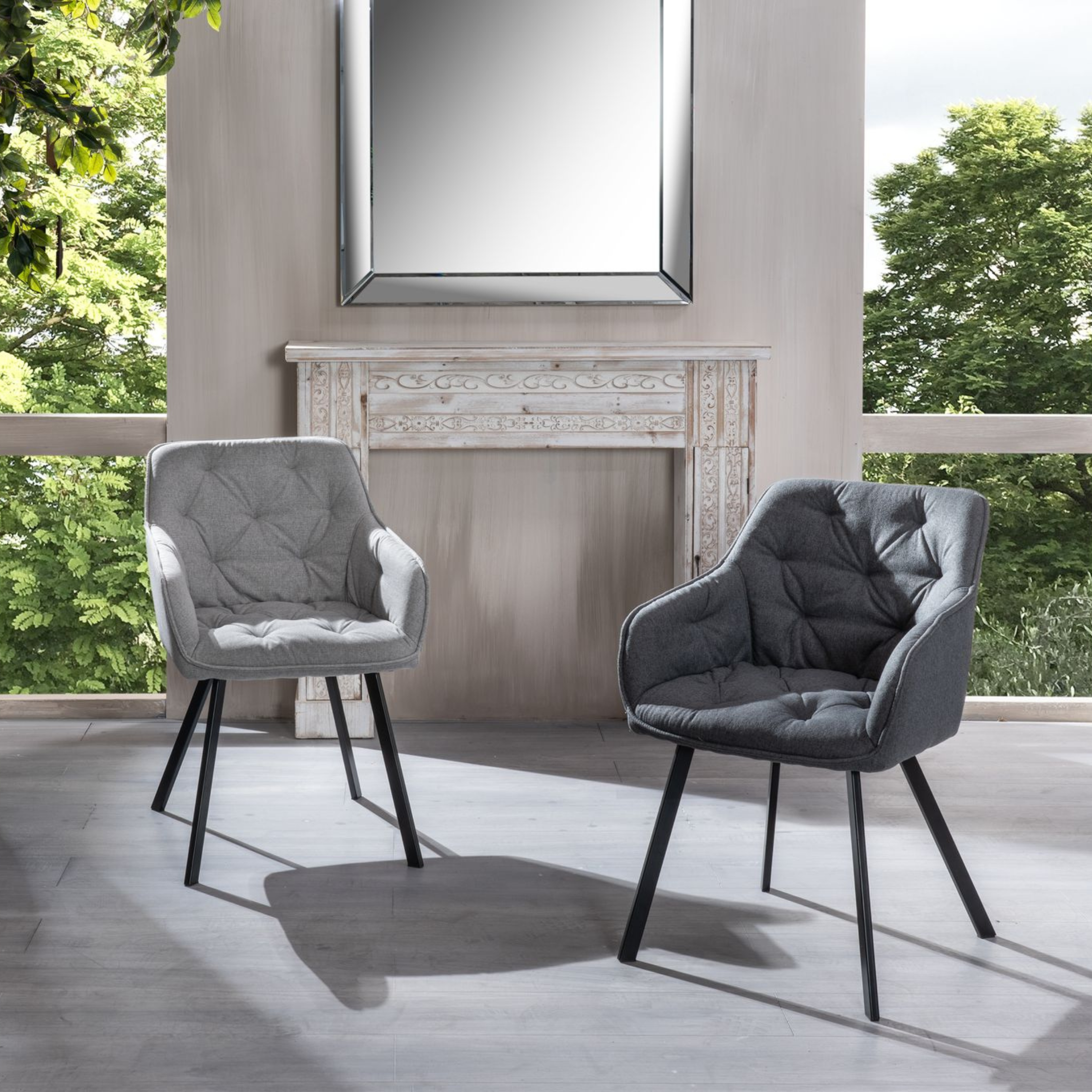 Set of "Dalia" upholstered living room chairs in fabric with painted metal legs, 55x60 cm, 79h