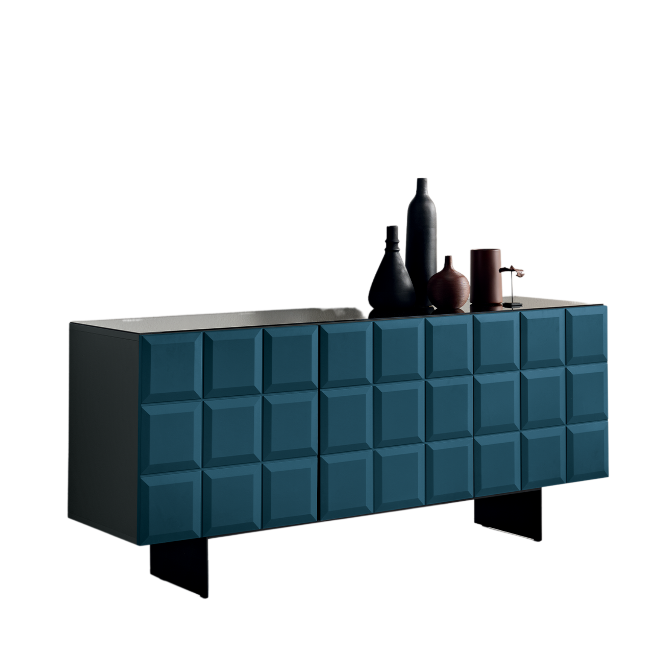 "Mirò" sideboard with lacquered MDF doors and smoked glass top with painted metal crosspiece