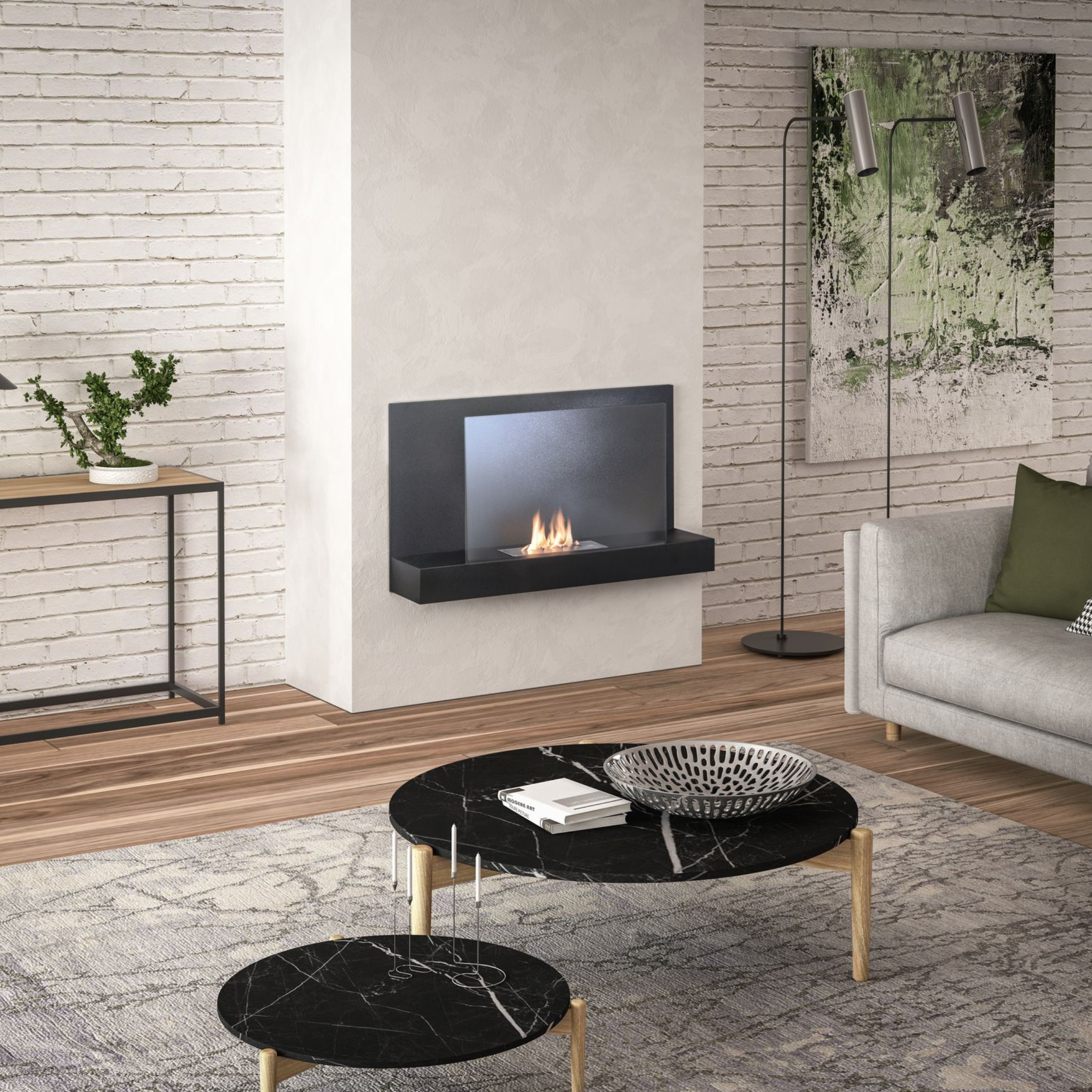 "Balm" bioethanol fireplace in tempered glass, 90x26 cm, 50 cm high.