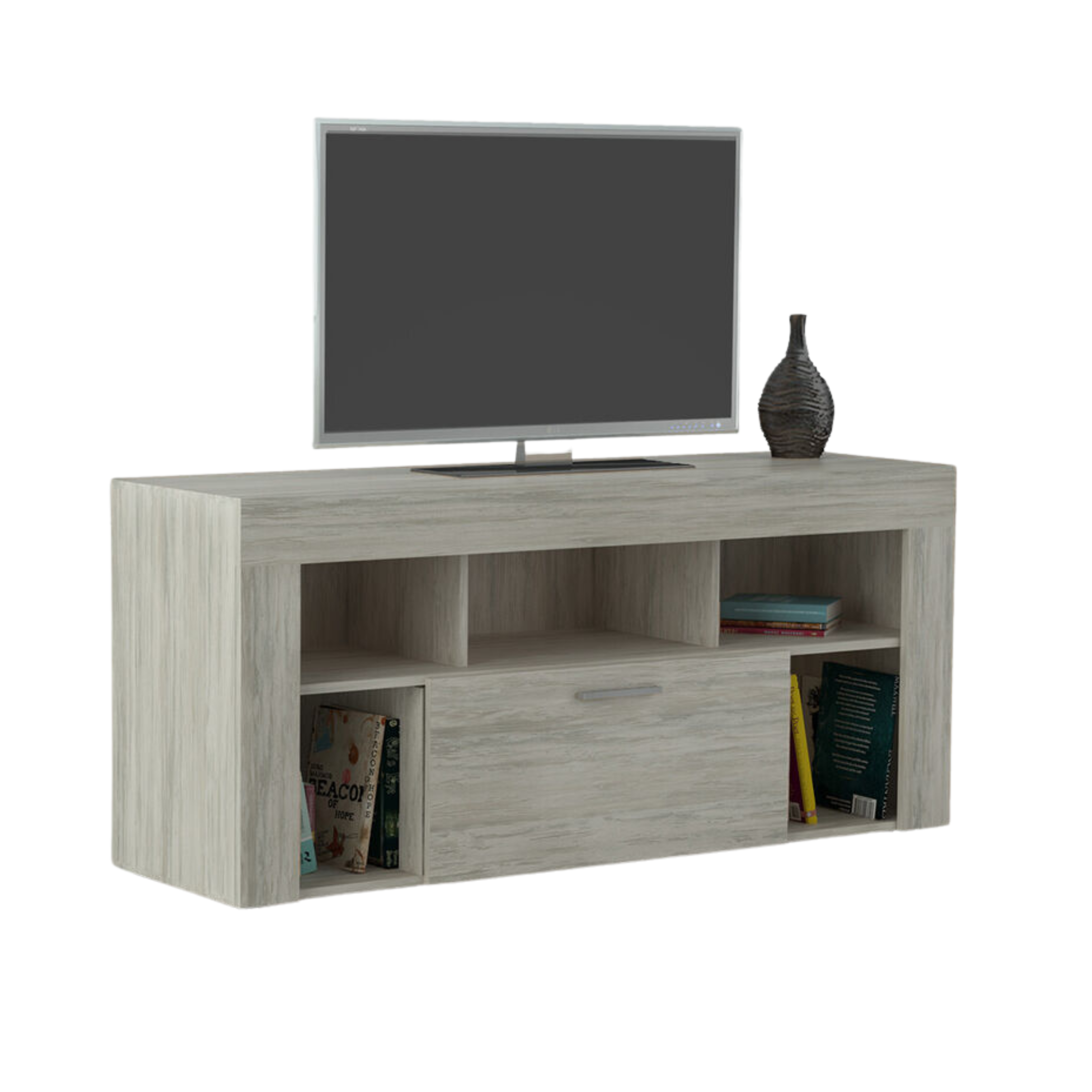 "TV Vision" TV stand in white grained wood, 135x41.5 cm, 60h