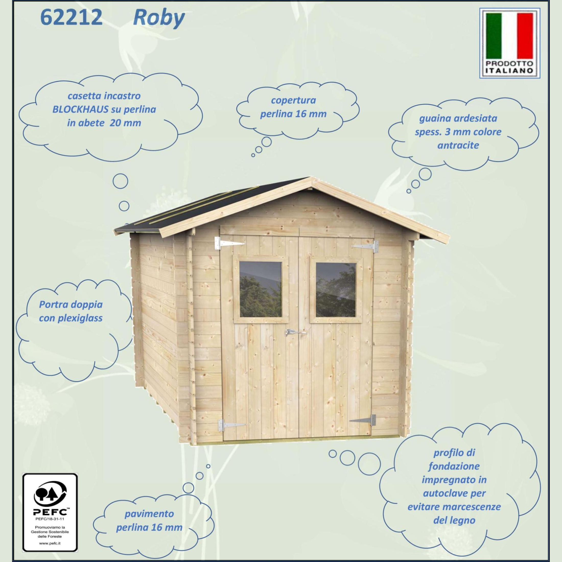 "Roby" wooden garden house, 198 x 198 cm, 215 cm high, double door and window