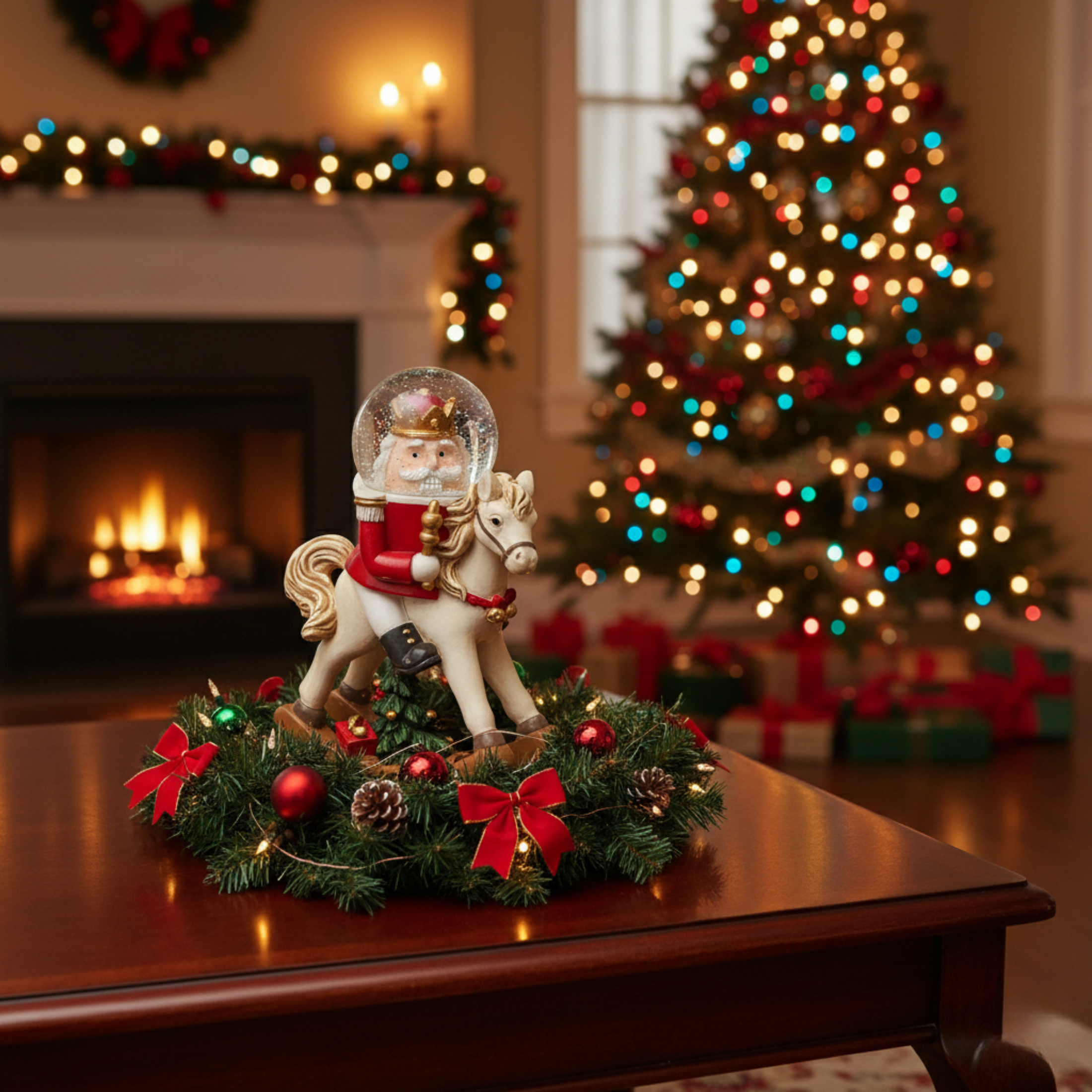 Resin rocking horse with glass water sphere and internal Christmas scene with shiny snow effect, 13.5 cm high.