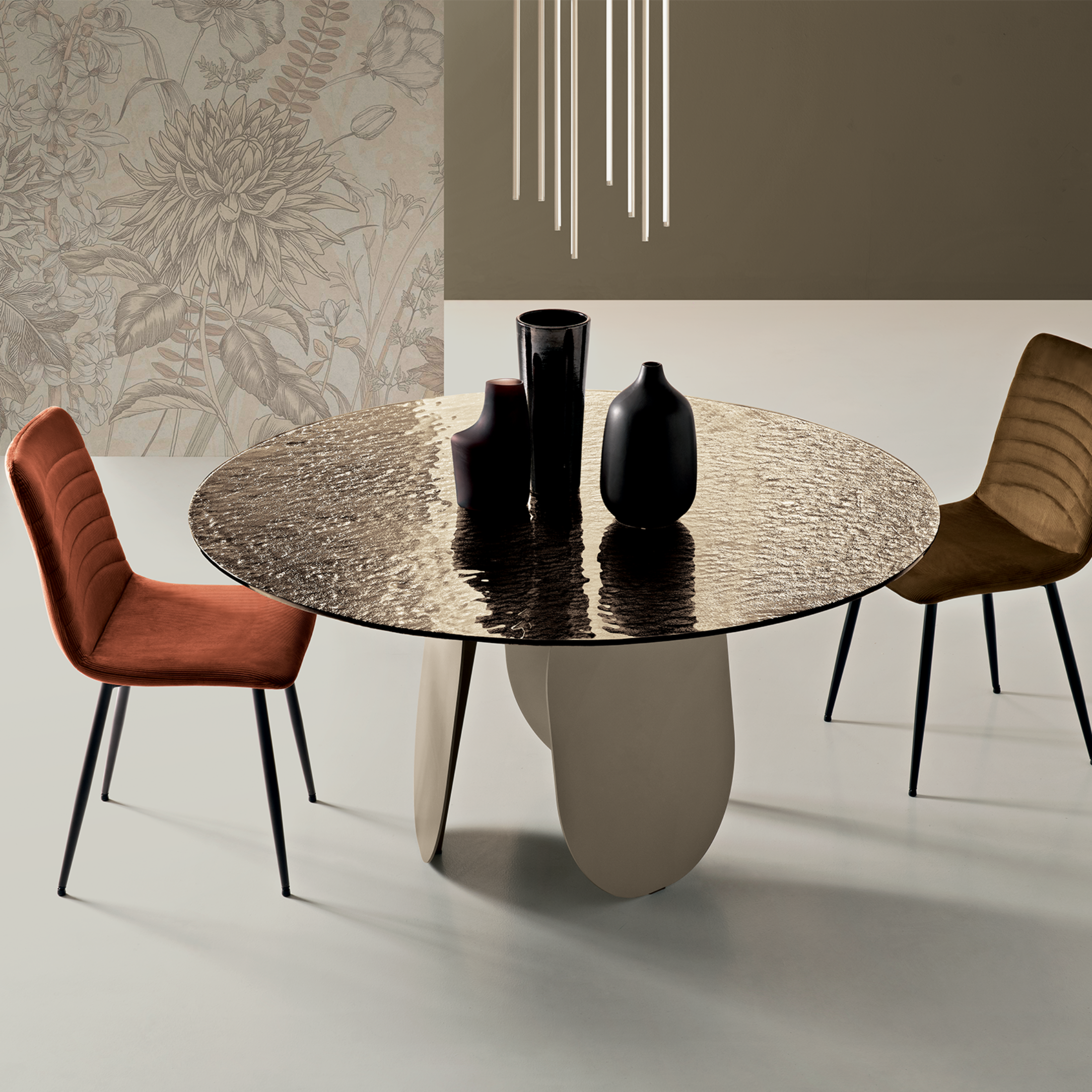 "Monroe" modern fixed round dining table with hammered glass top